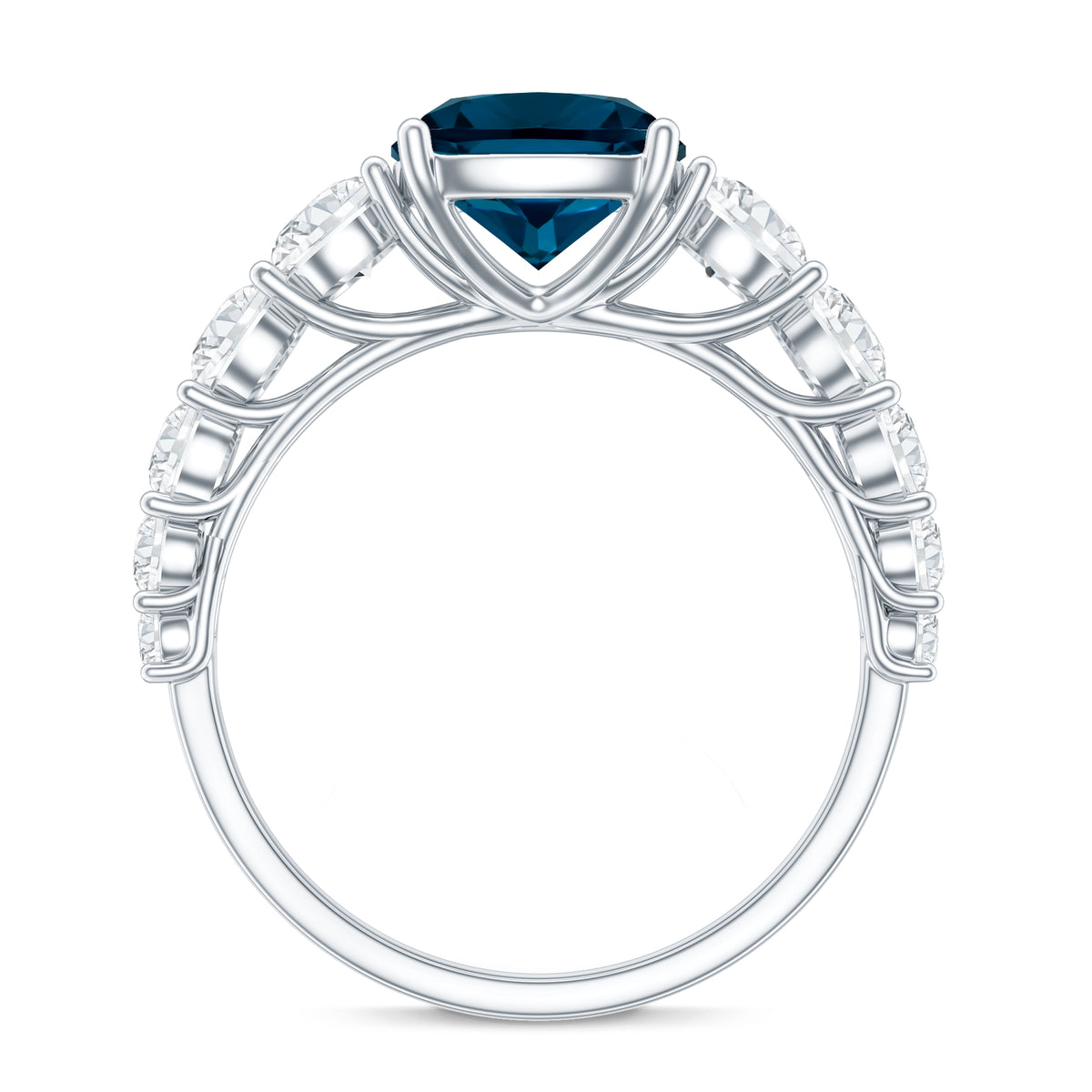 2.8 Carat Cushion Cut London Blue Topaz Solitaire Engagement Ring with Moissanite Side Stones AAA - Rosec Jewels