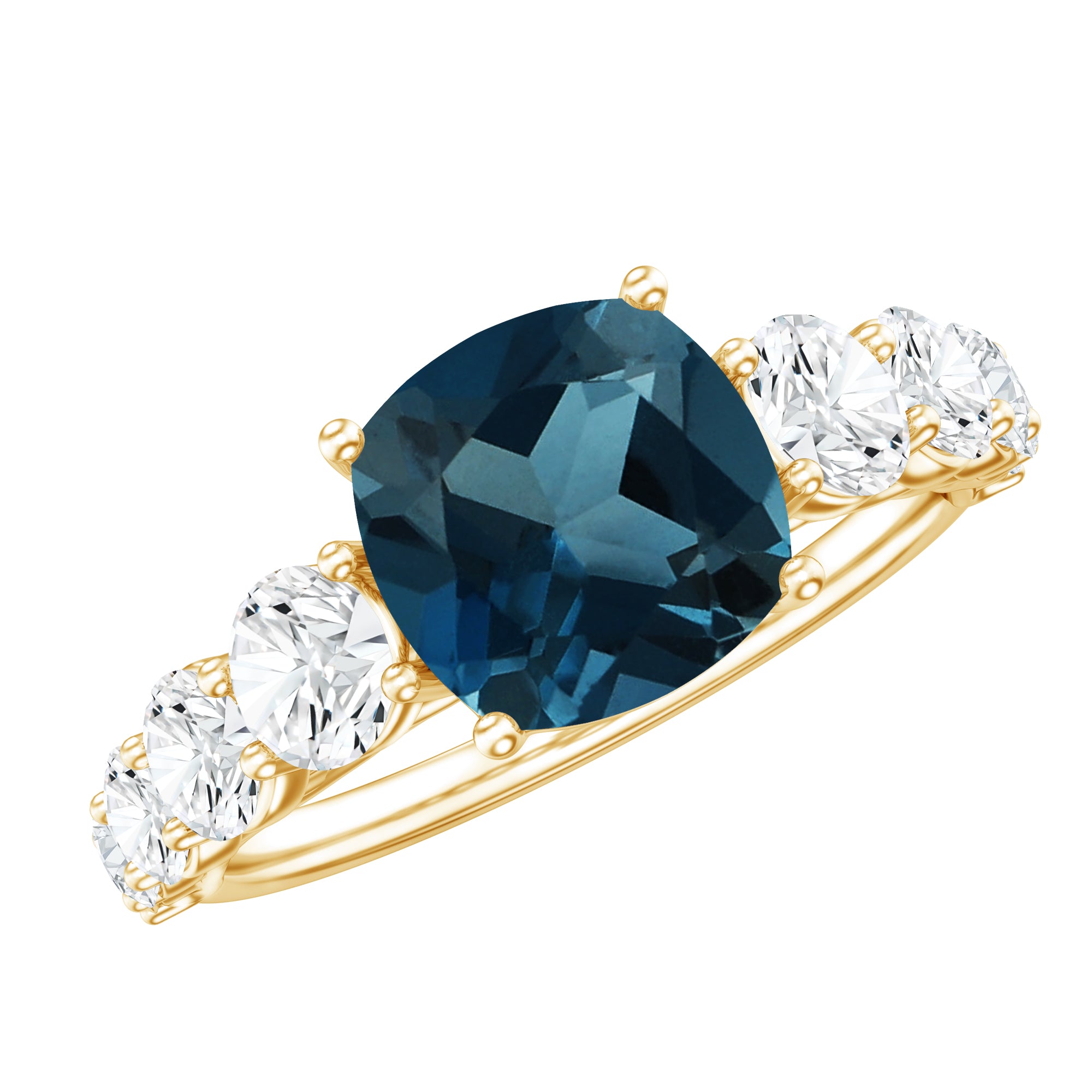8mm Cushion Cut London Blue Topaz Solitaire Engagement Ring with Moissanite Side Stones AAA - Rosec Jewels
