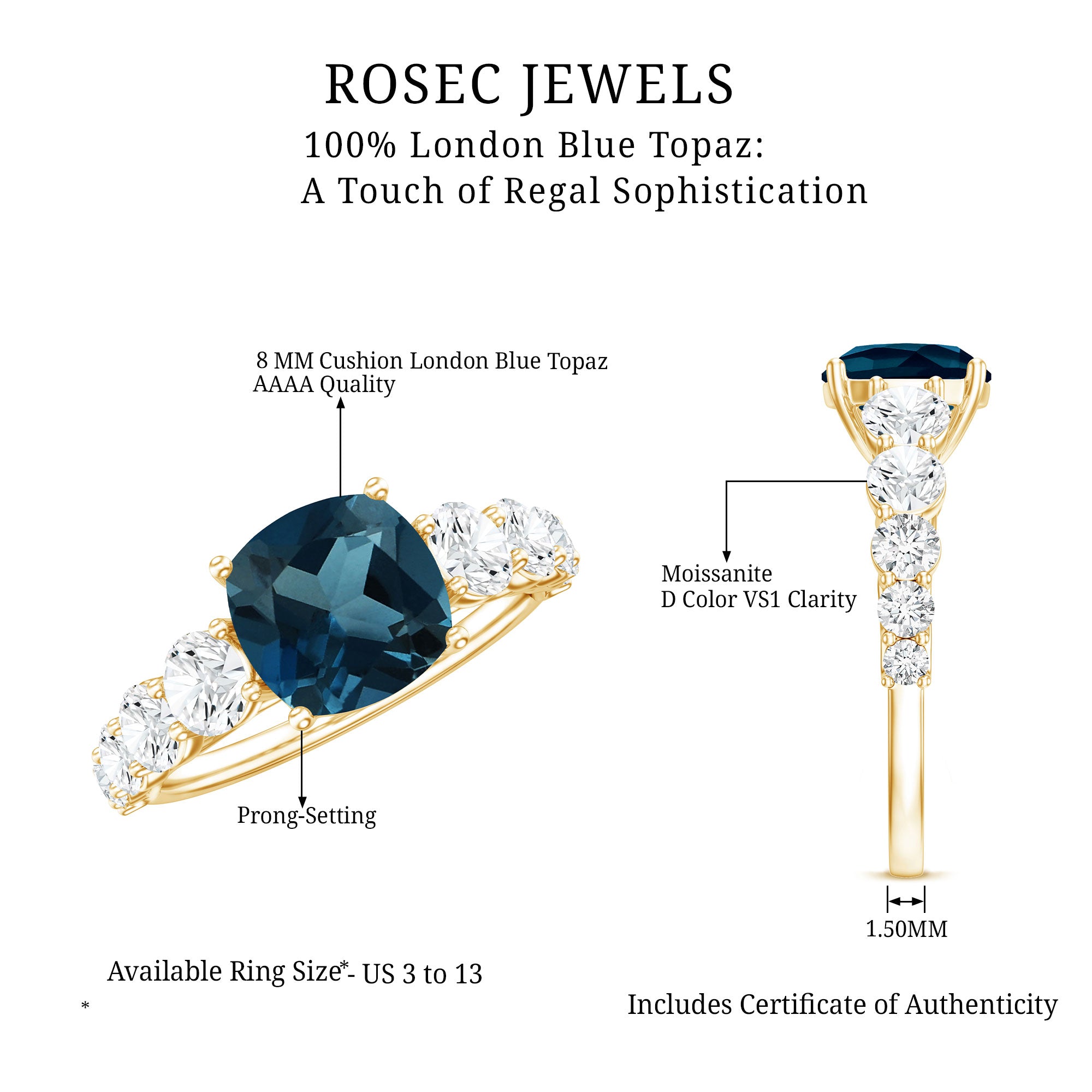 8mm Cushion Cut London Blue Topaz Solitaire Engagement Ring with Moissanite Side Stones AAA - Rosec Jewels