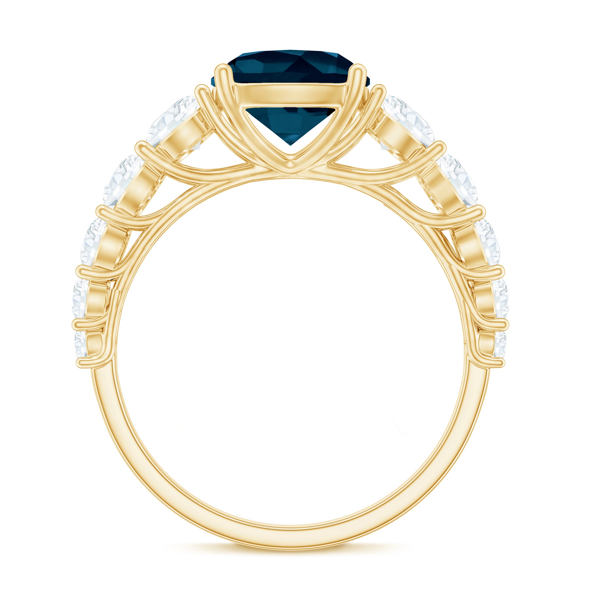 8mm Cushion Cut London Blue Topaz Solitaire Engagement Ring with Moissanite Side Stones AAA - Rosec Jewels
