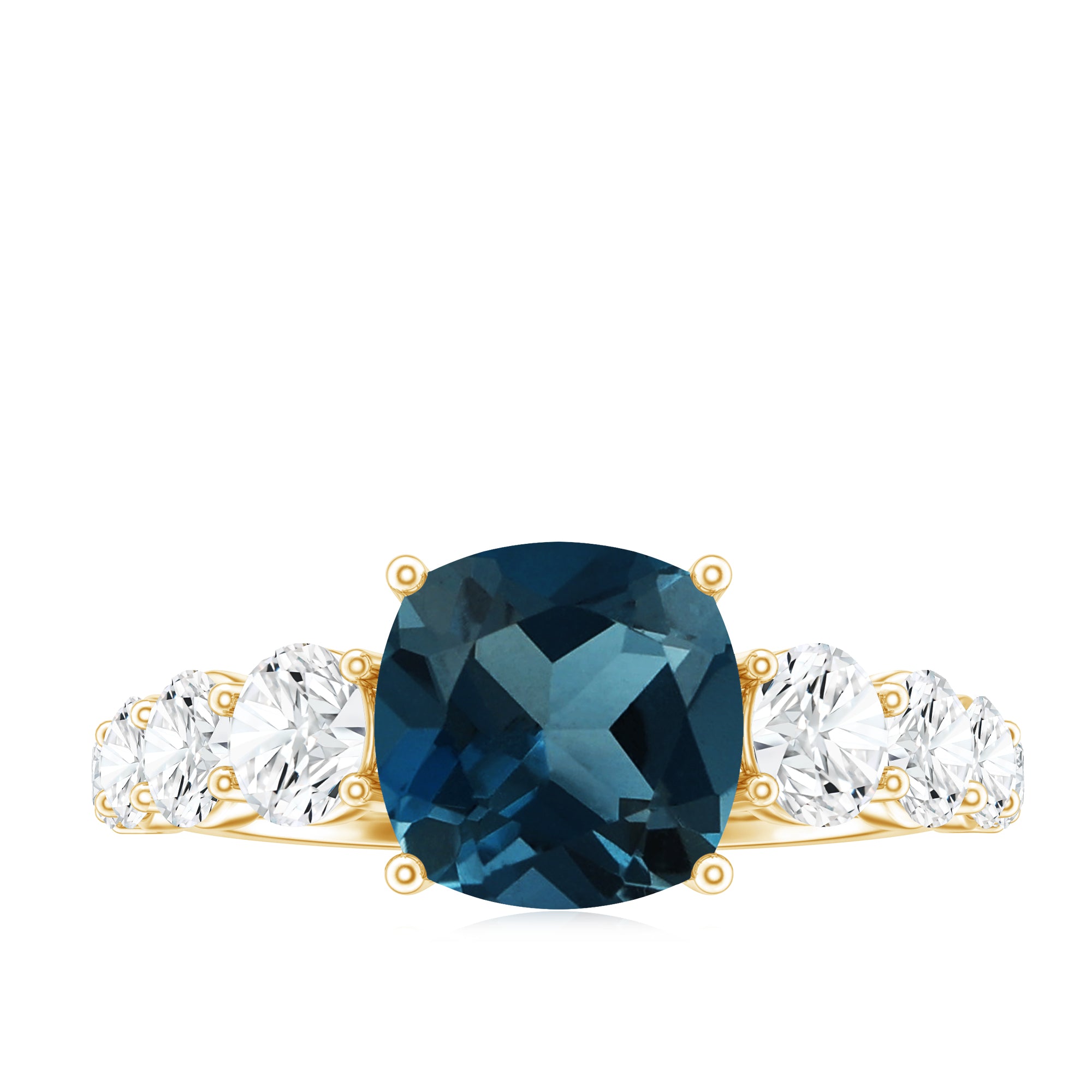 8mm Cushion Cut London Blue Topaz Solitaire Engagement Ring with Moissanite Side Stones AAA - Rosec Jewels