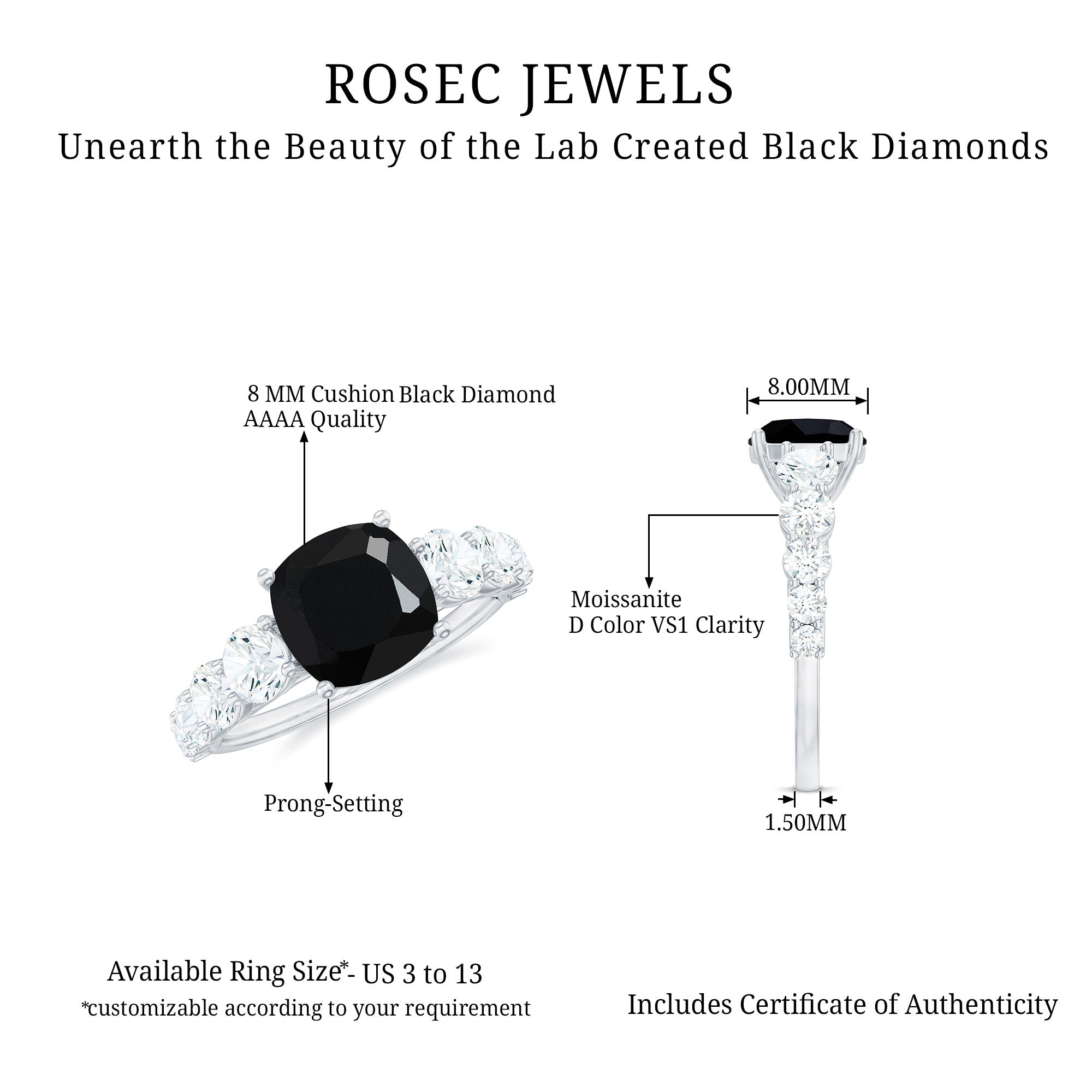 Certified 2.8 Carat Lab Grown Black Diamond Cushion Cut Engagement Ring with Moissanite AAAA ( Synthetic ) - Rosec Jewels