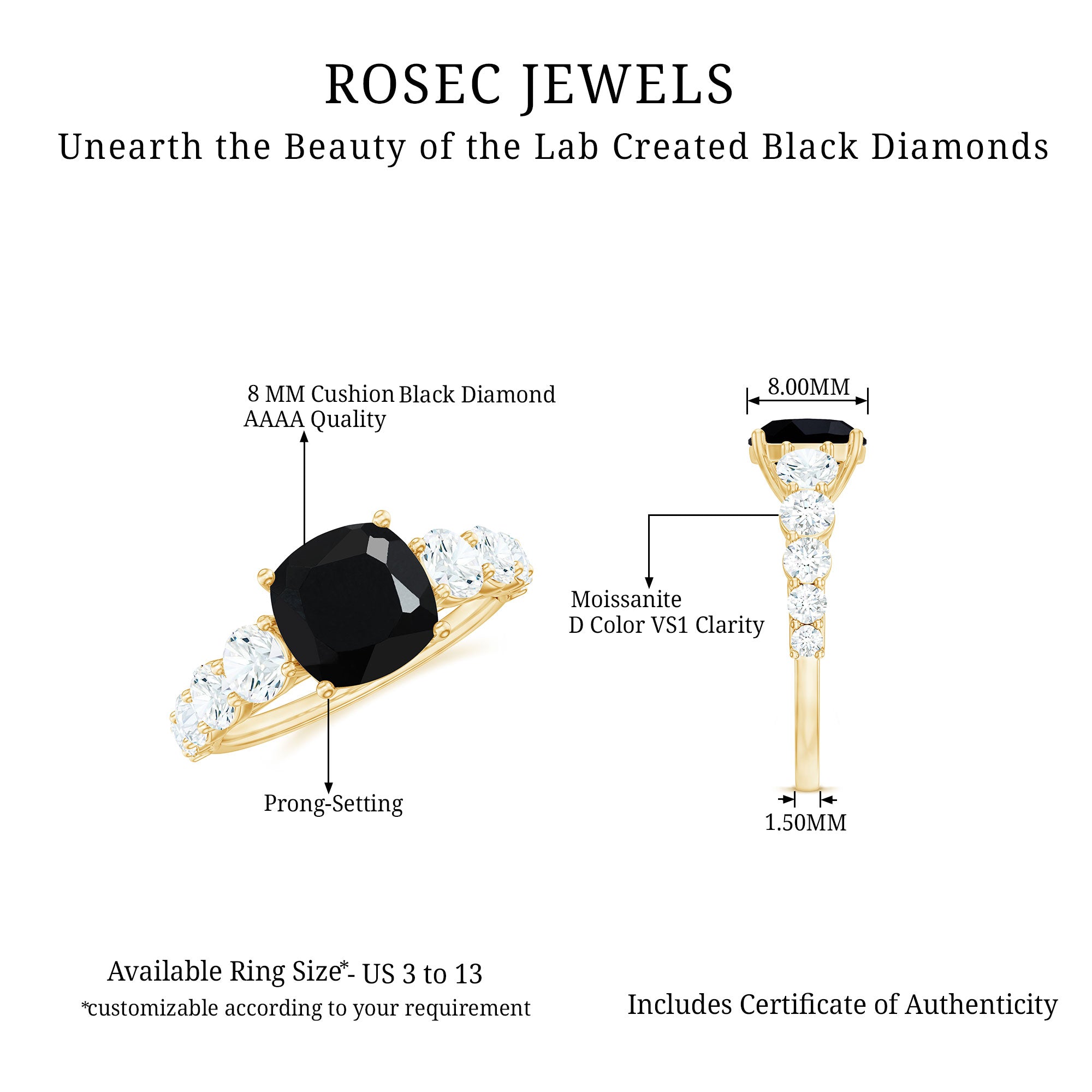 Certified 2.8 Carat Lab Grown Black Diamond Cushion Cut Engagement Ring with Moissanite AAAA ( Synthetic ) - Rosec Jewels