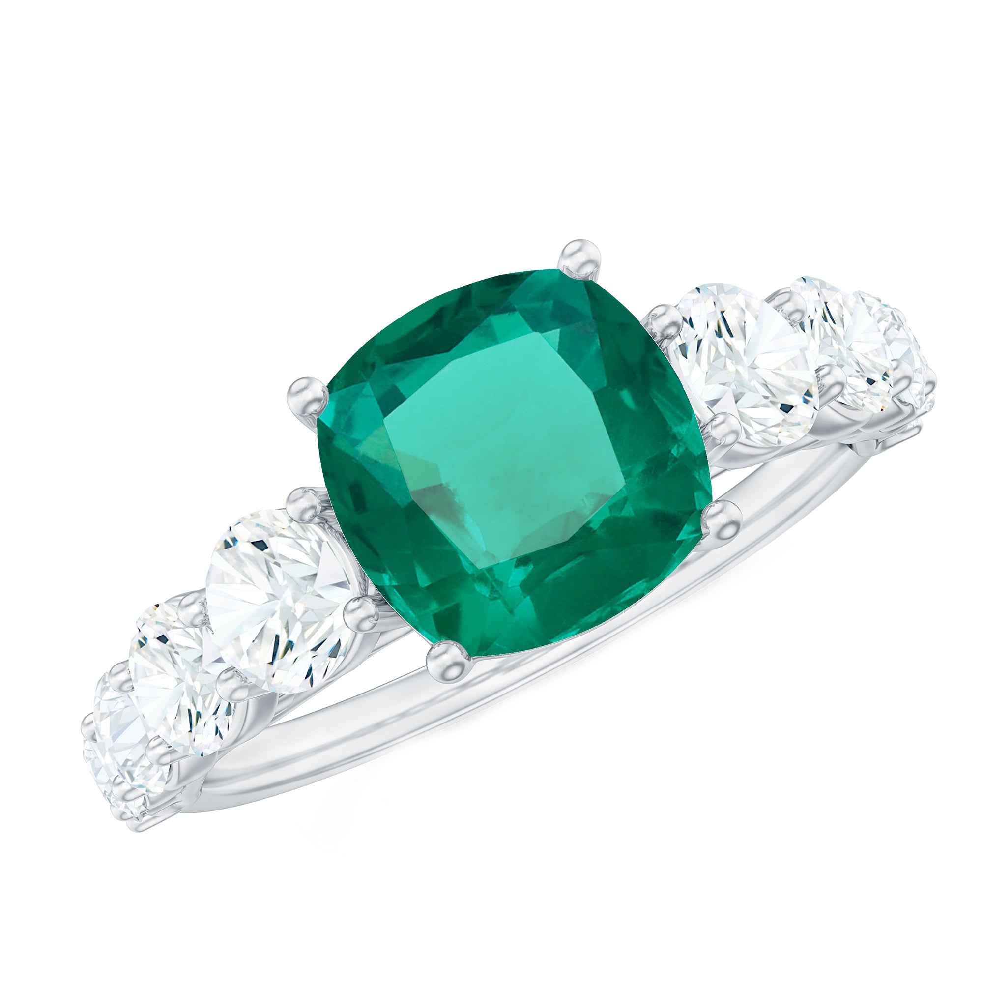 Lab Grown Emerald 8 MM Cushion Engagement Ring with Moissanite Side Stones