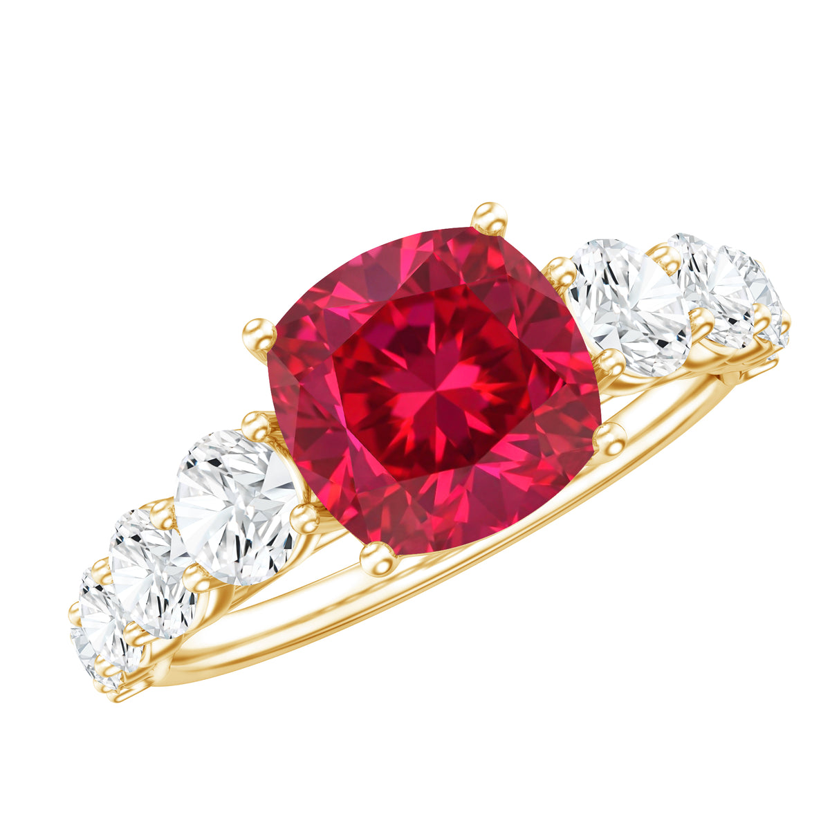 2 Carat Cushion Cut Lab Created Ruby Engagement Ring with Side Stones AAAA - Rosec Jewels