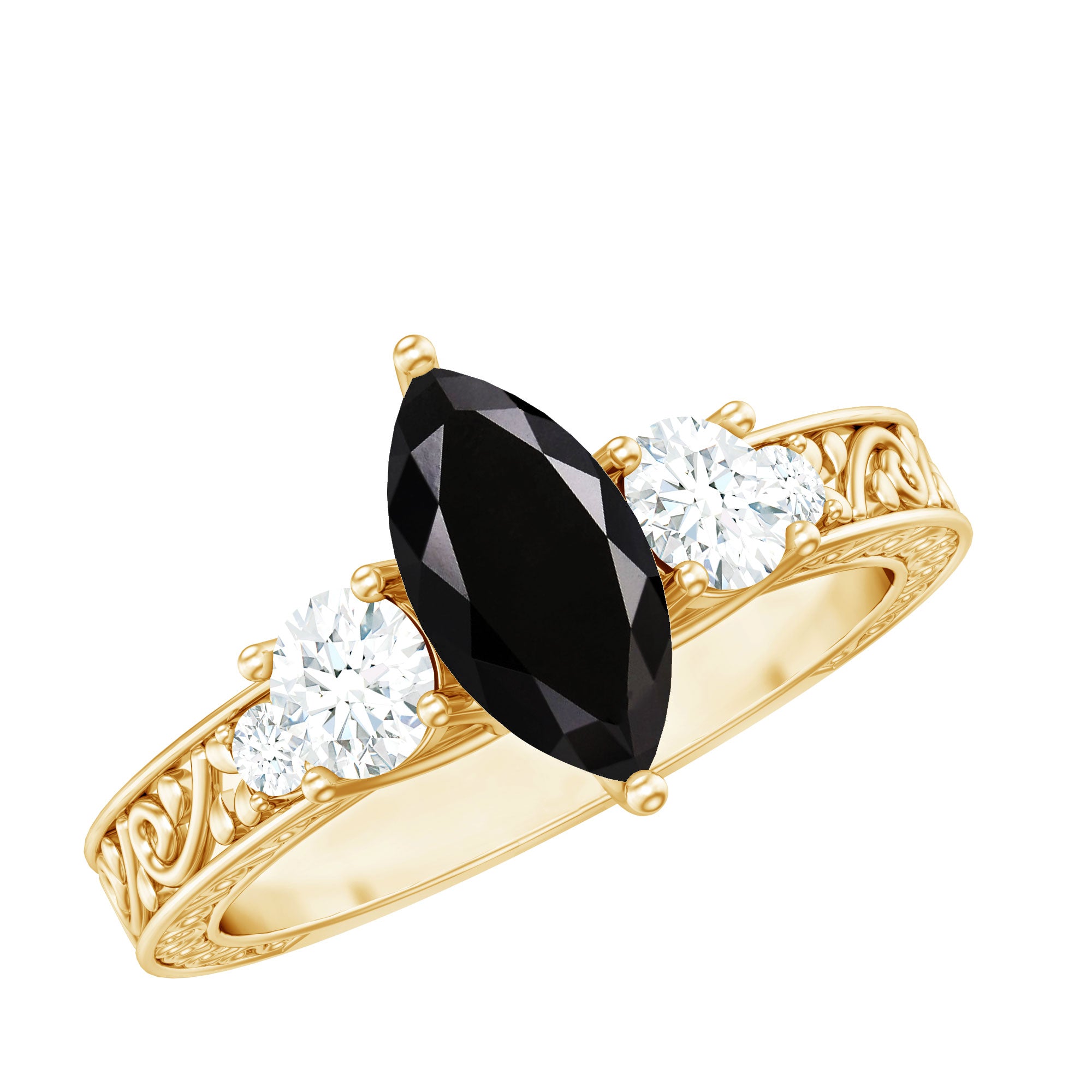 Vintage Style 1 Carat Lab Grown Black Diamond Marquise Engagement Ring with Moissanite AAAA ( Synthetic ) - Rosec Jewels