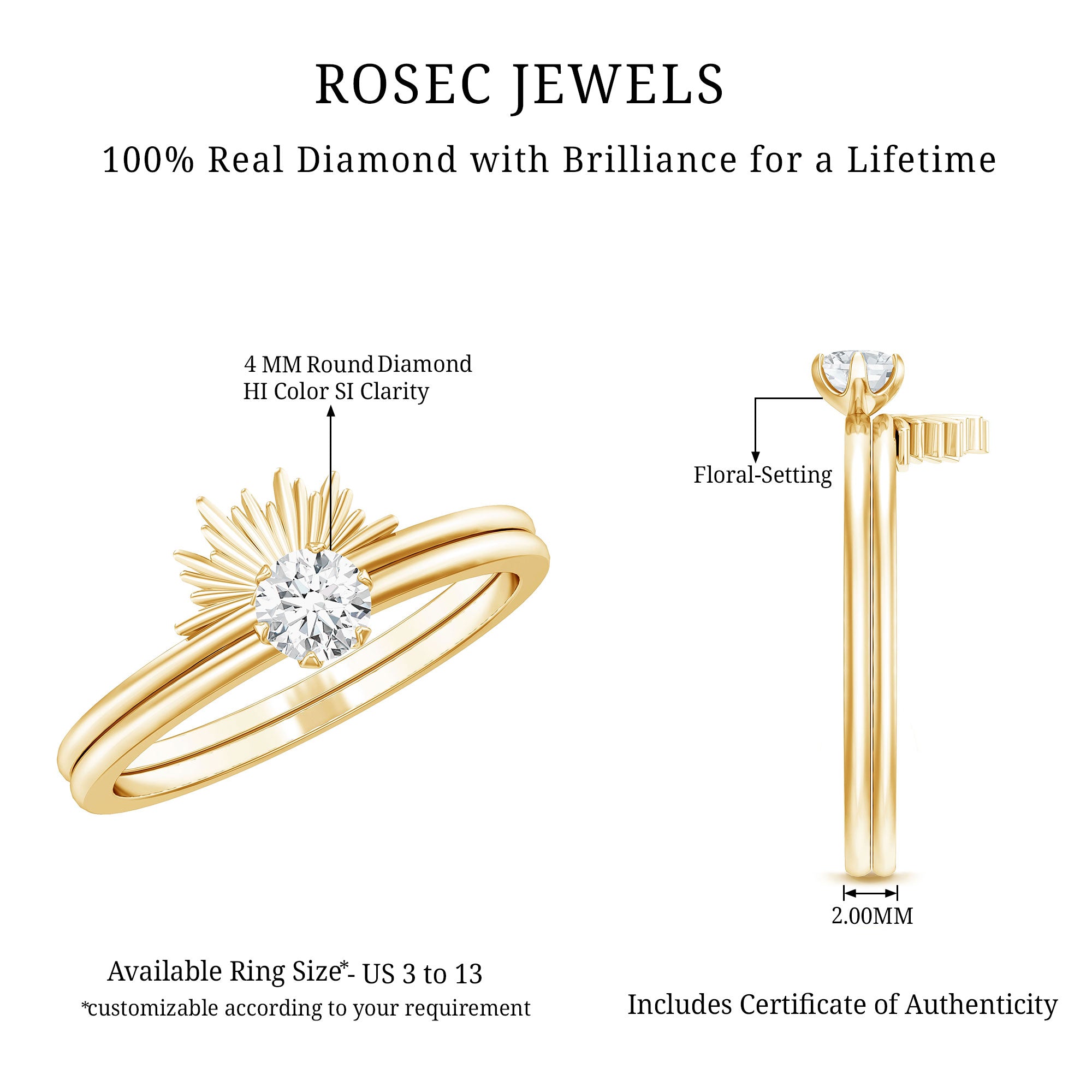 Certified Natural Diamond Promise Ring with Sunburst Enhancer Natural - ( HI-SI ) - Rosec Jewels