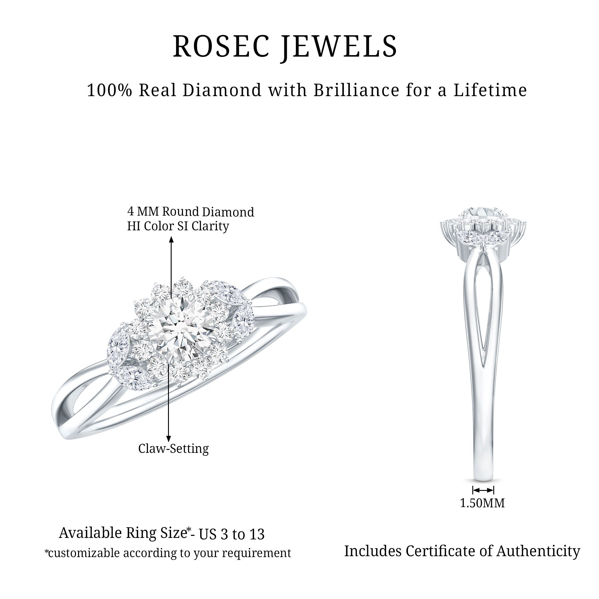 Diamond Flower Engagement Ring with Split Shank Natural - ( HI-SI ) - Rosec Jewels