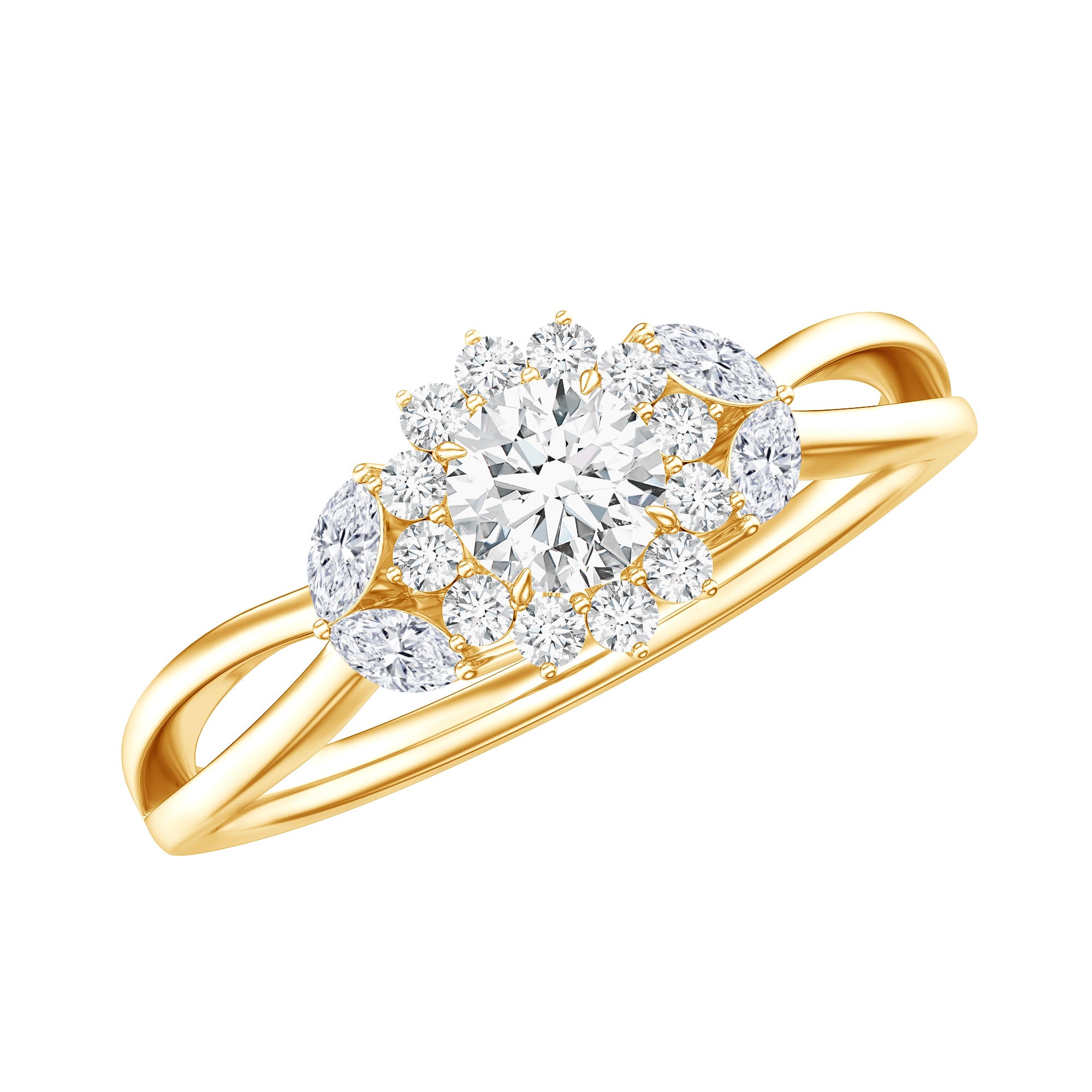 Diamond Flower Engagement Ring with Split Shank Natural - ( HI-SI ) - Rosec Jewels