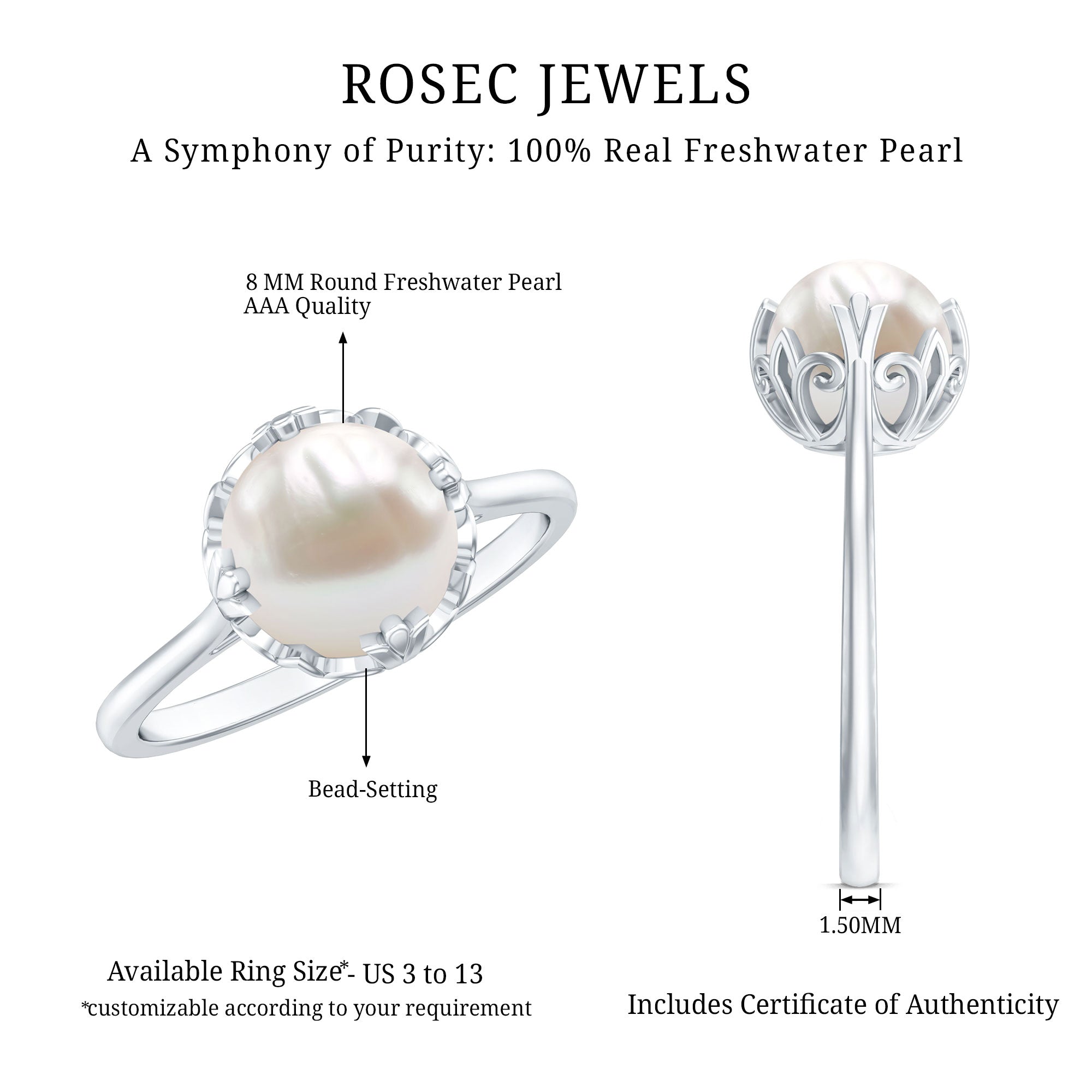 Rosec Jewels-Cultured 7.4 Carat Freshwater Pearl Solitaire Engagement Ring