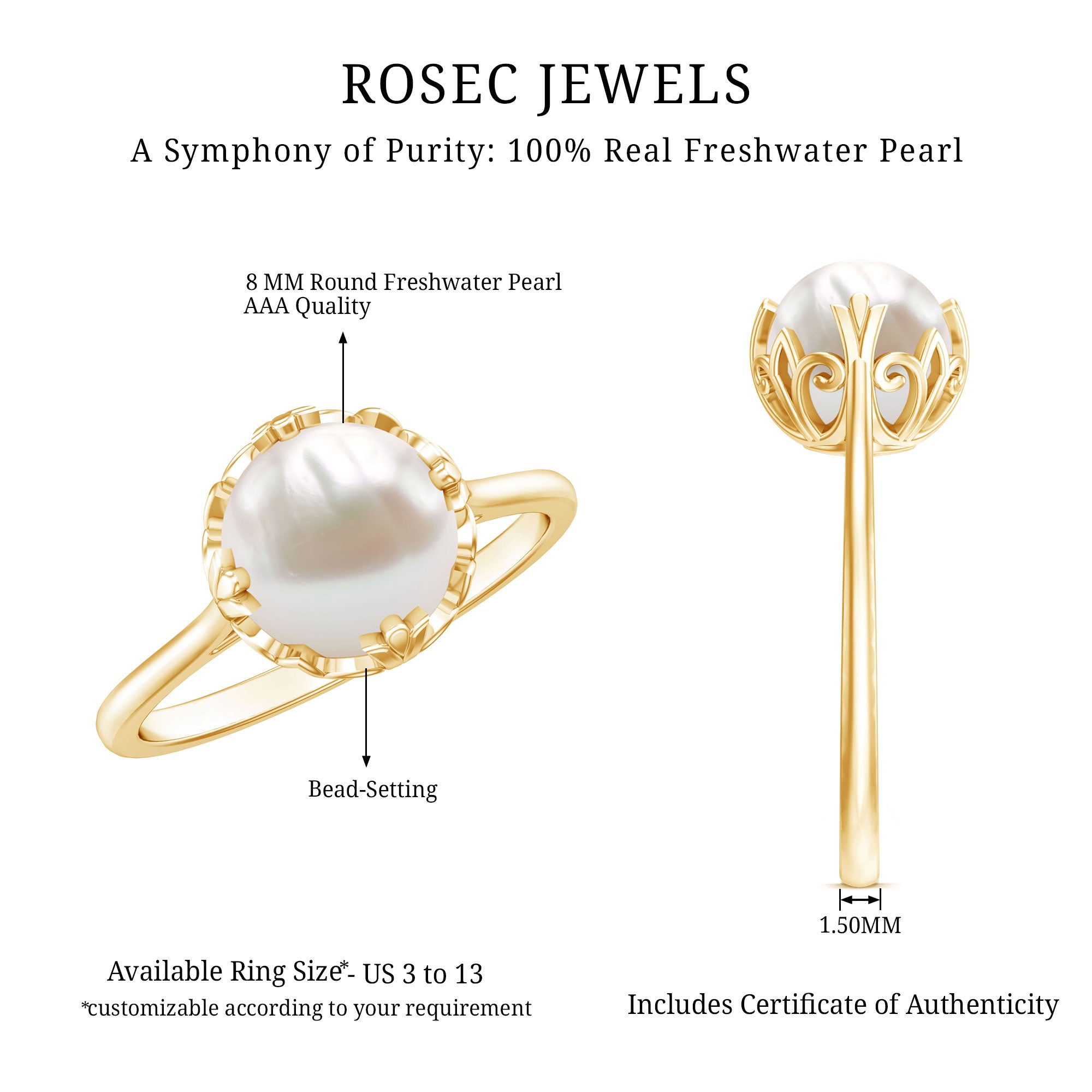 Rosec Jewels-Cultured 7.4 Carat Freshwater Pearl Solitaire Engagement Ring