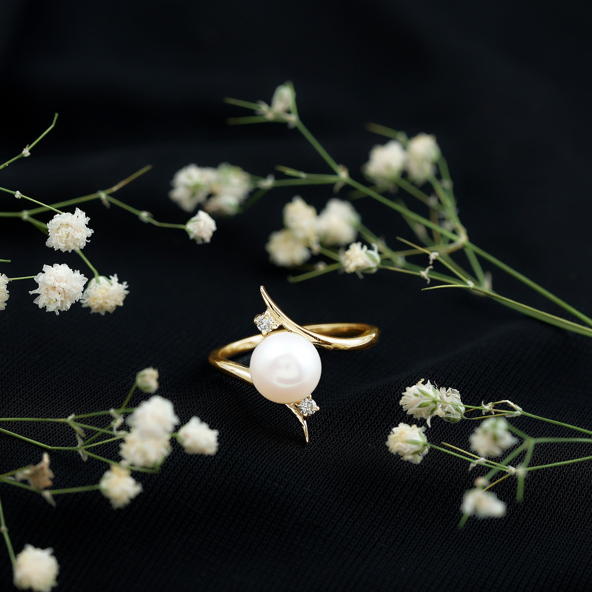 Cultured 7.4 Carat Freshwater Pearl Engagement Ring with Diamond Bypass Shank AAA - Rosec Jewels