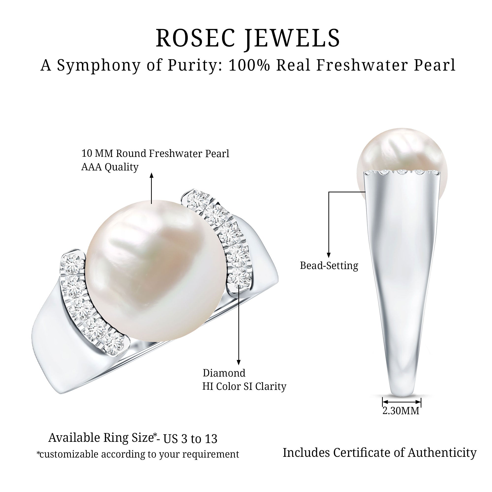 8 Carat Freshwater Pearl Statement Engagement Ring with Diamond AAA - Rosec Jewels