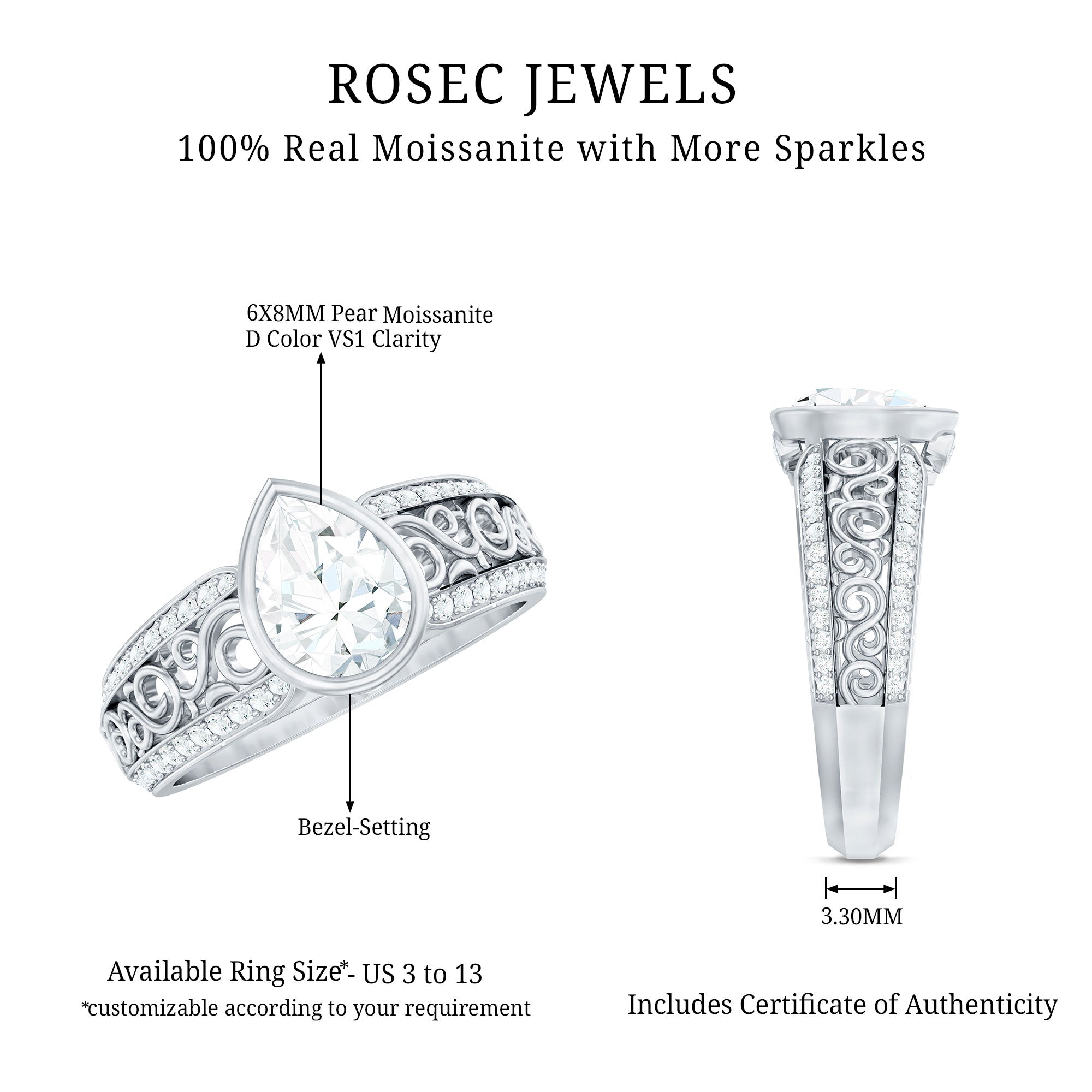 Bezel Set Moissanite Pear Engagement Ring with Filigree Details D-VS1 - Rosec Jewels