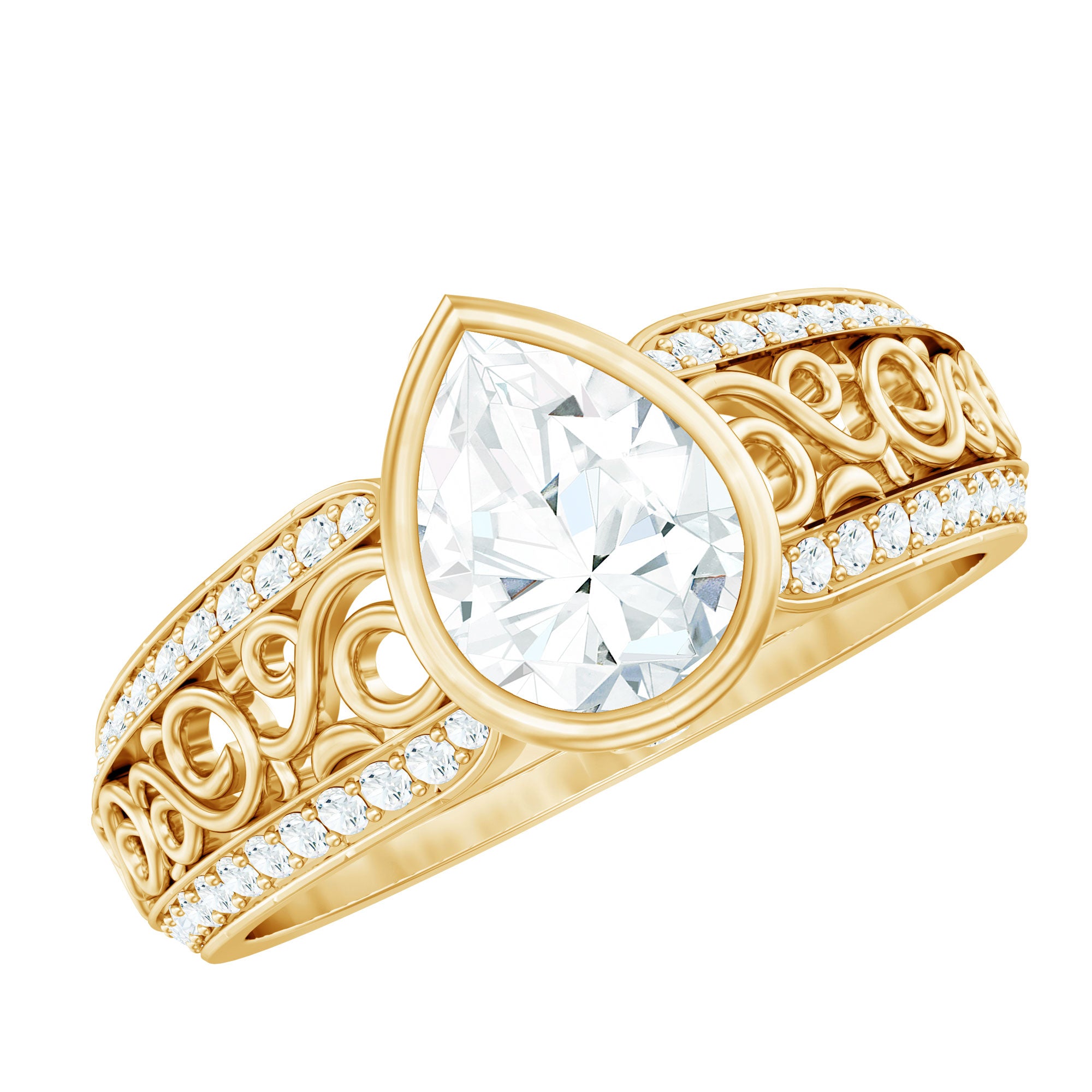 Bezel Set Moissanite Pear Engagement Ring with Filigree Details D-VS1 - Rosec Jewels