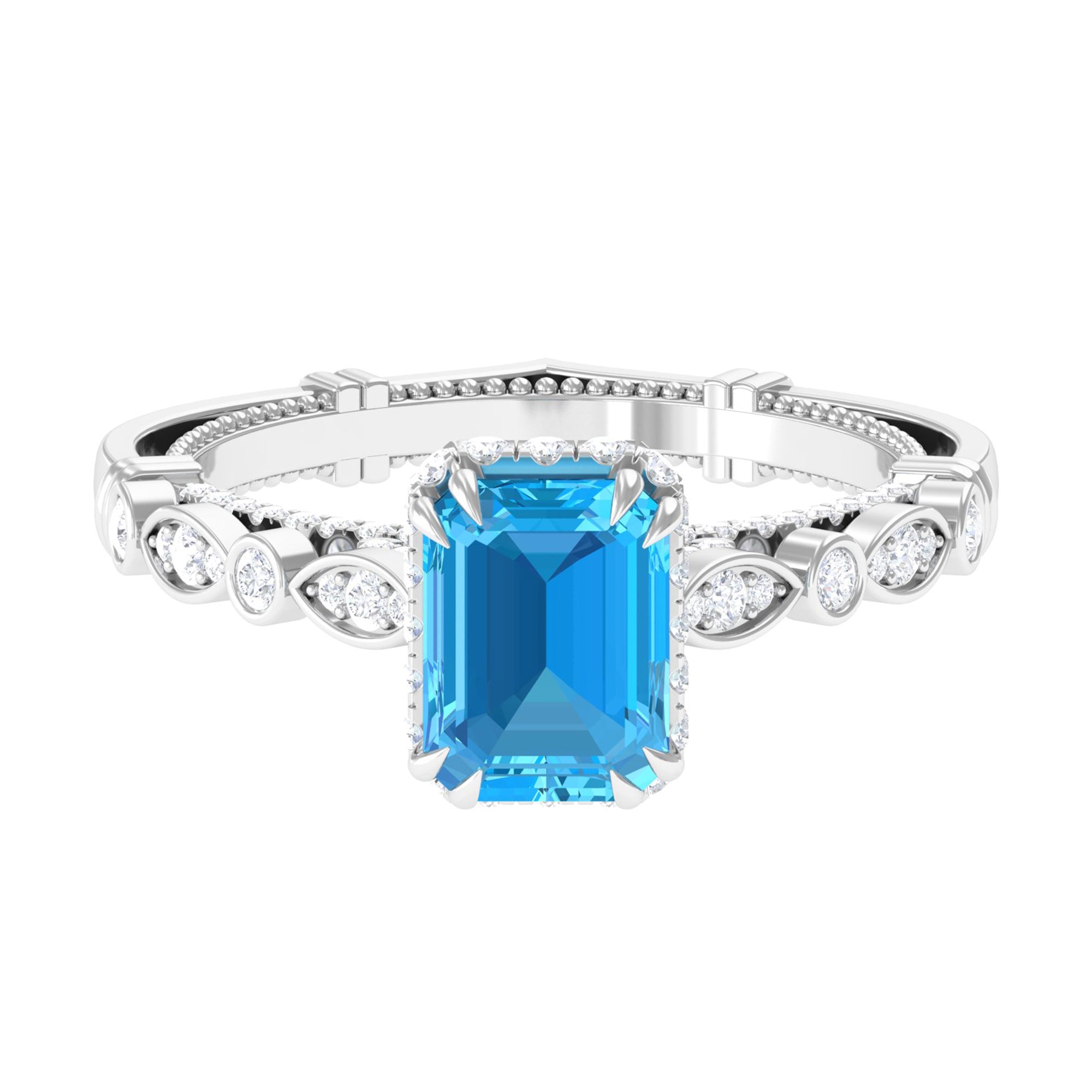 3 CT Octagon Shape Swiss Blue Topaz Solitaire with Moissanite Engagement Ring