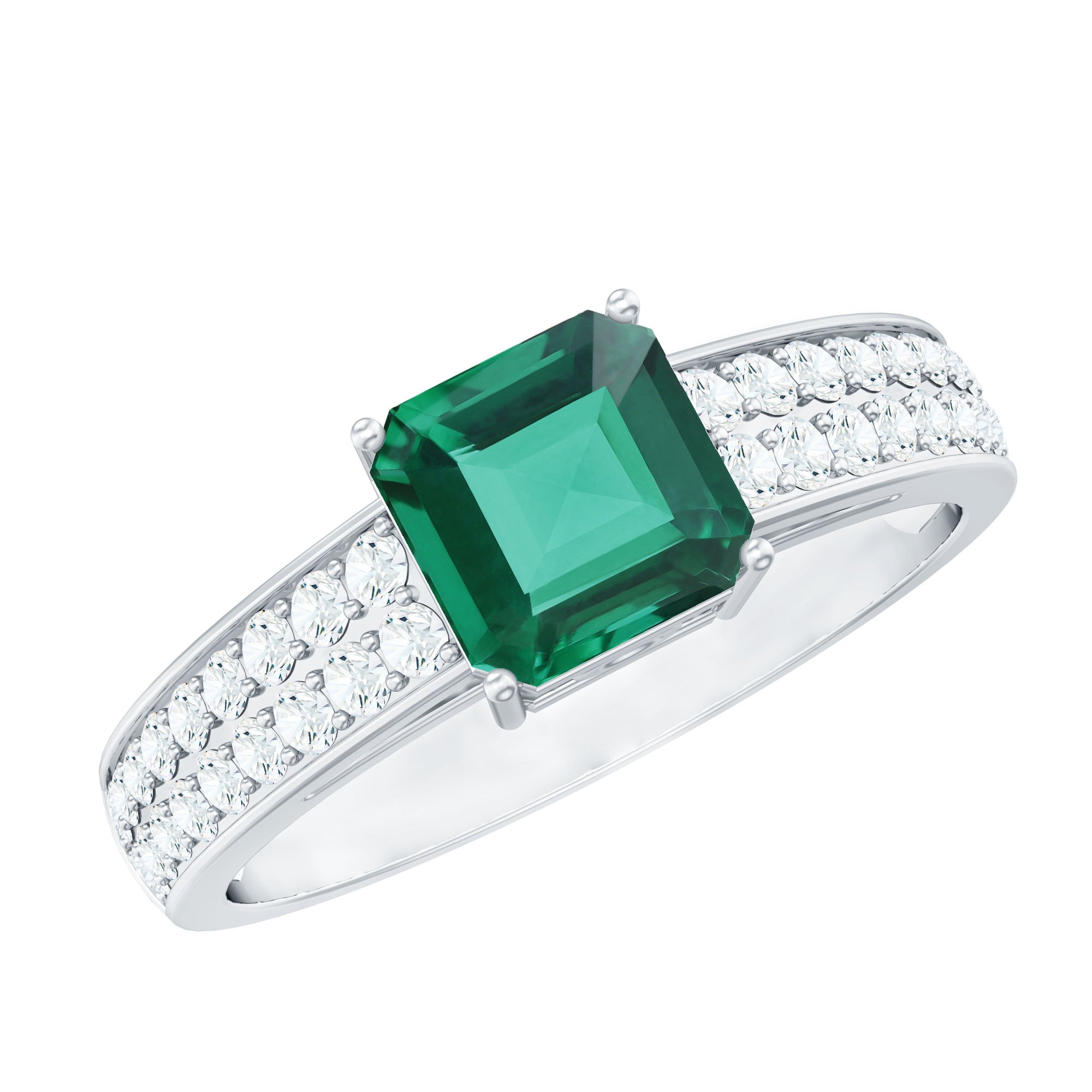 6 mm Princess Cut Lab Created Emerald Engagement Ring with Diamond Side Stones