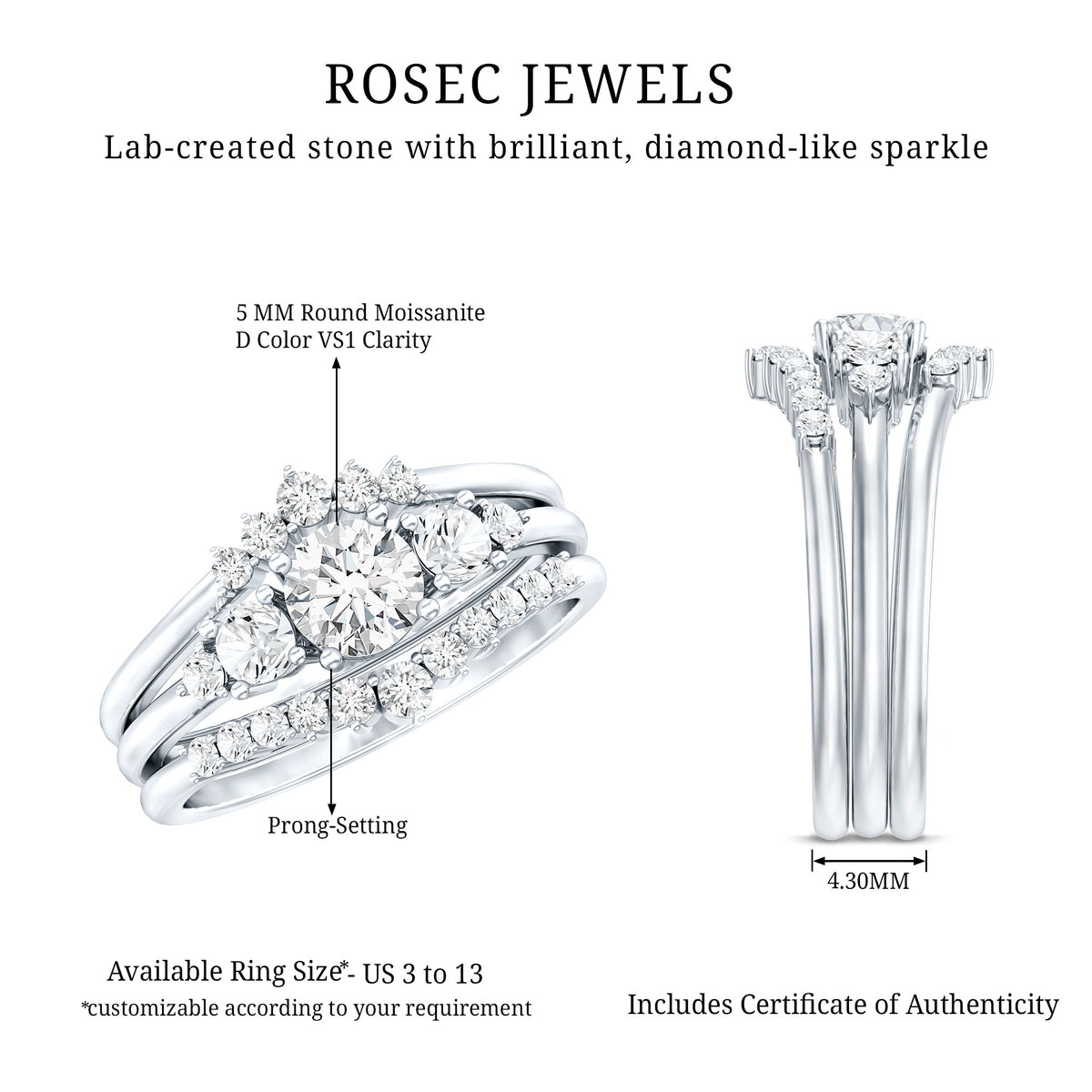 Certified Moissanite Trio Bridal Ring Set D-VS1 - Rosec Jewels