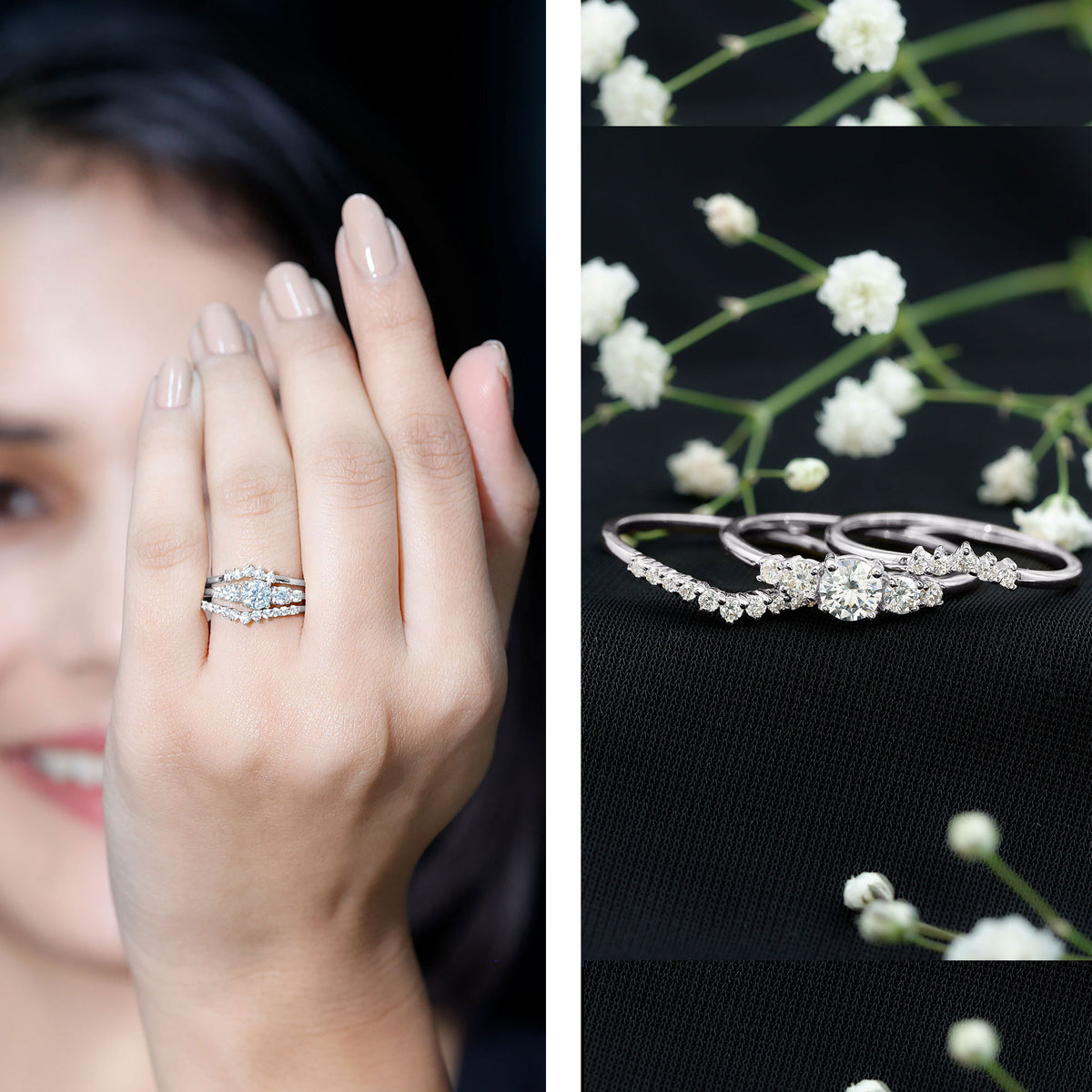 Certified Moissanite Trio Bridal Ring Set D-VS1 - Rosec Jewels