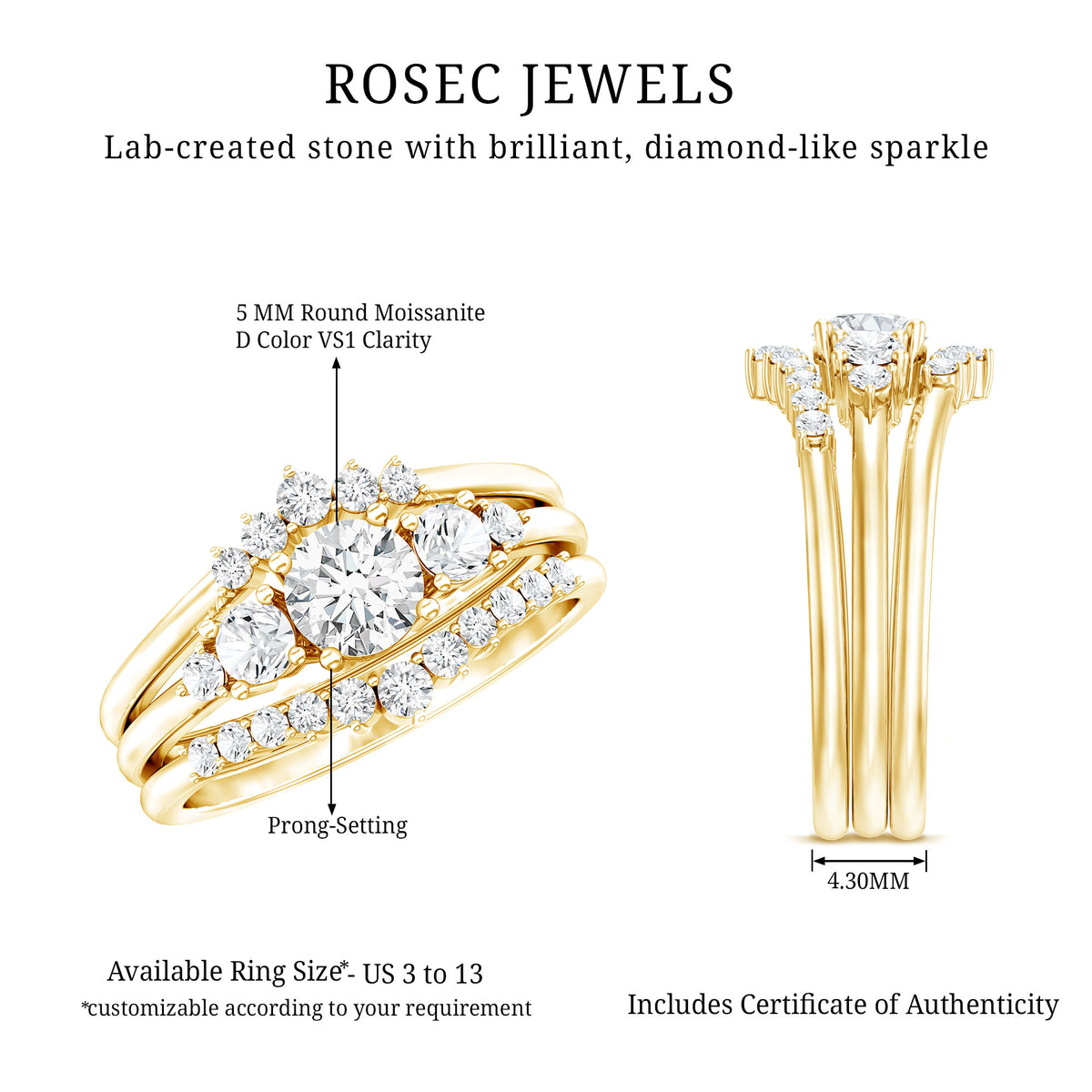 Certified Moissanite Trio Bridal Ring Set D-VS1 - Rosec Jewels