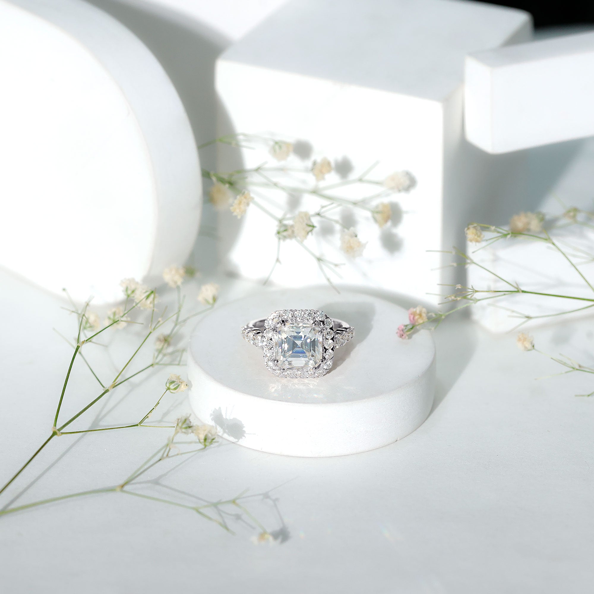 Certified 9 MM Asscher Cut Moissanite Halo Engagement Ring D-VS1 - Rosec Jewels