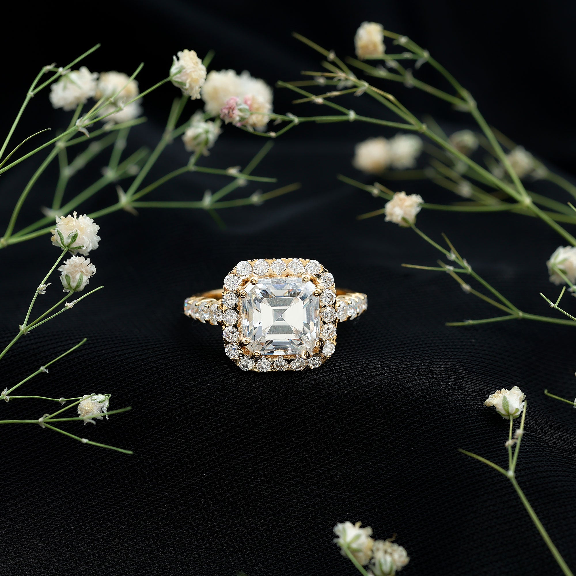 Certified 9 MM Asscher Cut Moissanite Halo Engagement Ring D-VS1 - Rosec Jewels