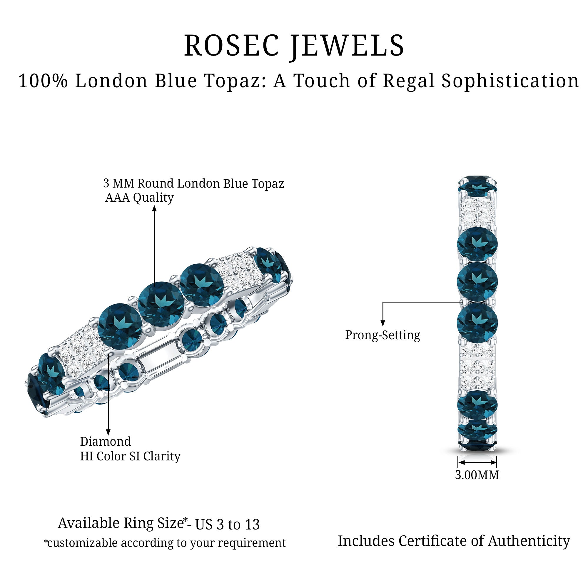 London Blue Topaz and Diamond Designer Full Eternity Band AAA - Rosec Jewels
