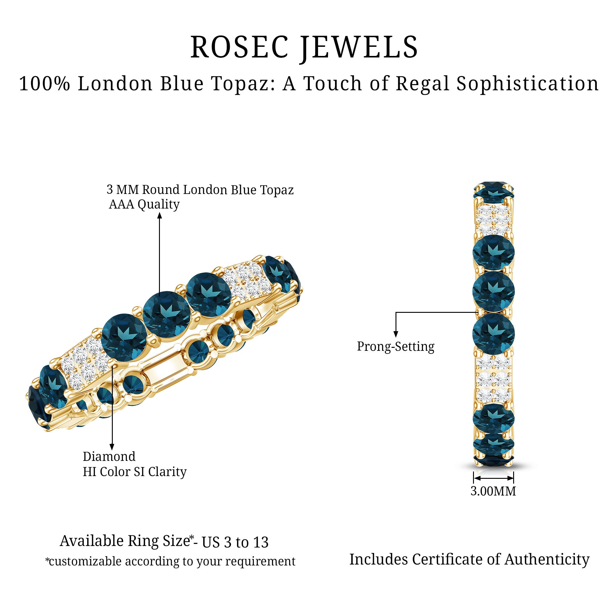 London Blue Topaz and Diamond Designer Full Eternity Band AAA - Rosec Jewels