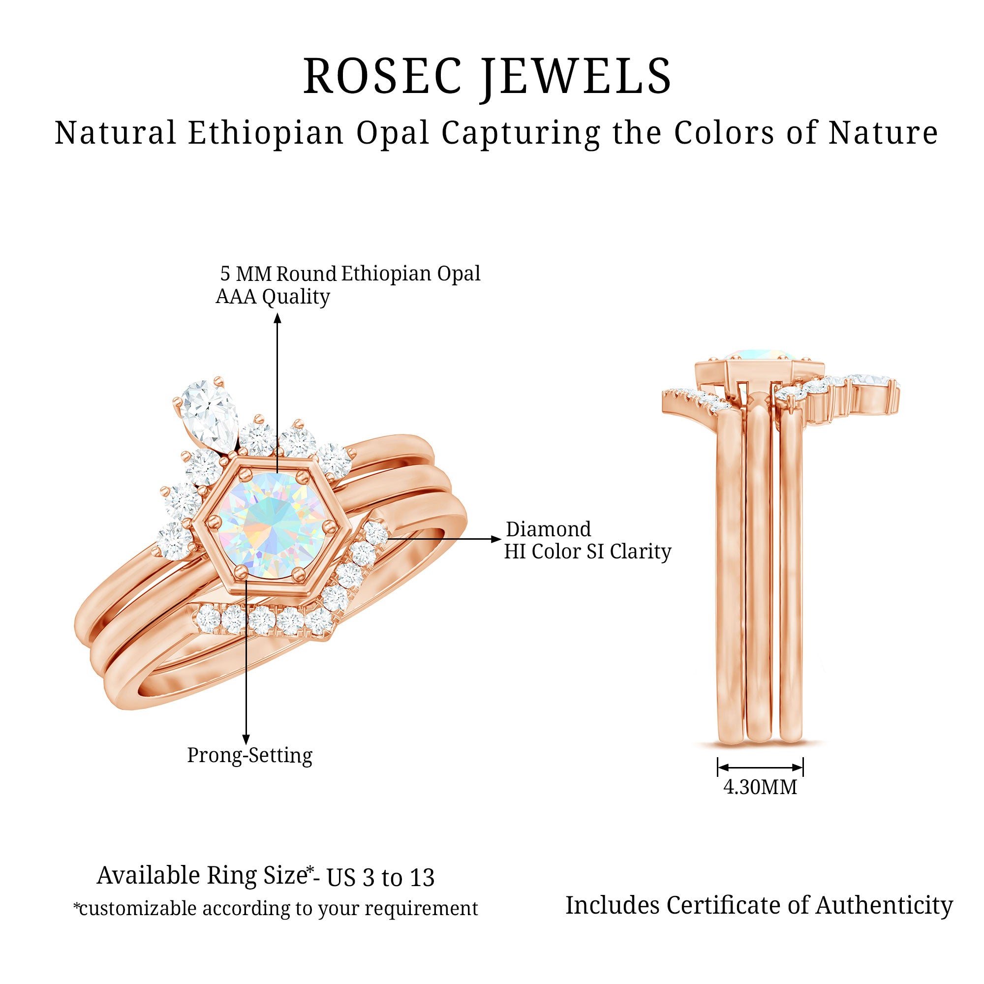 Vintage Inspired Opalescent Diamond Wedding Engagement Ring Set of 3 AAA - Rosec Jewels