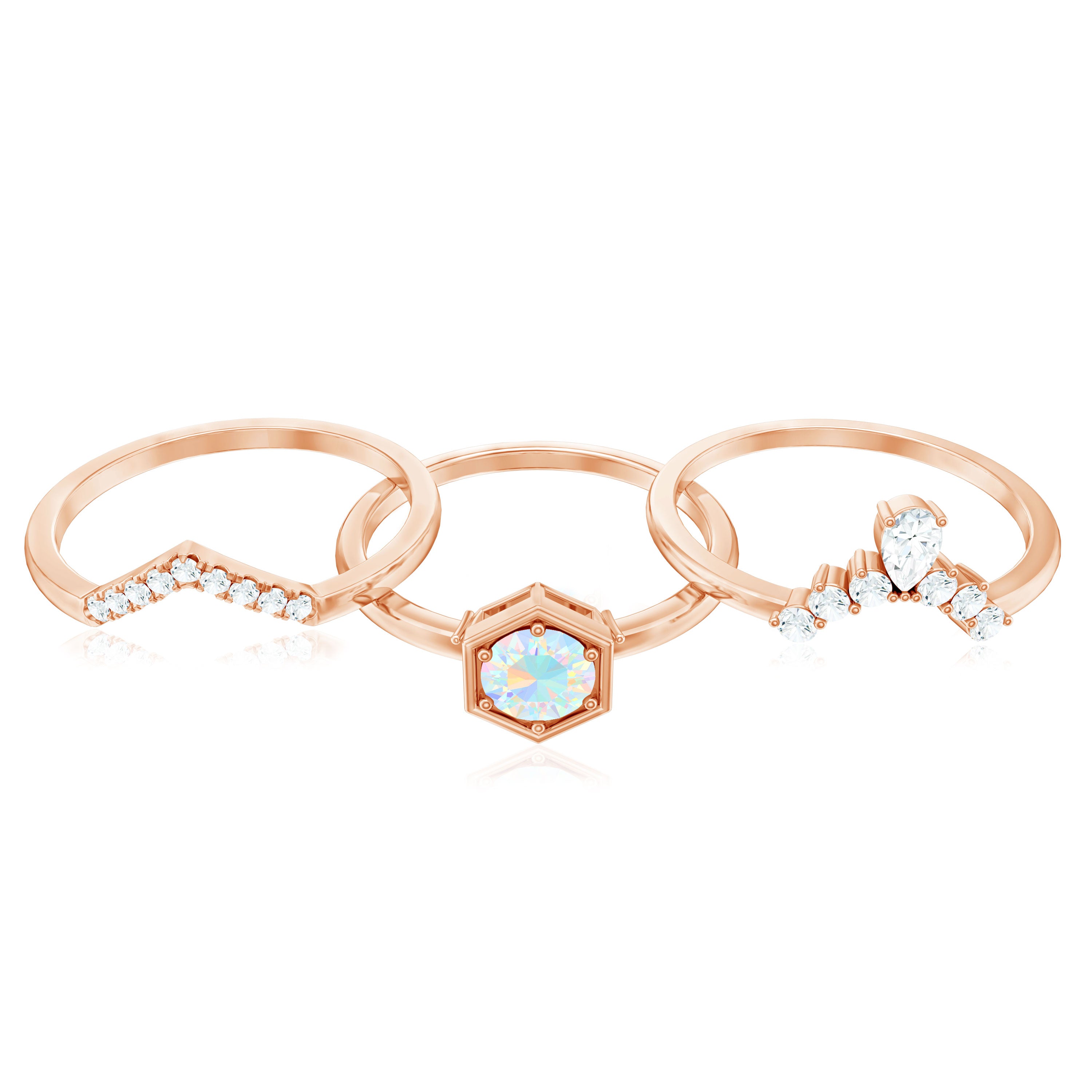 Vintage Inspired Opalescent Diamond Wedding Engagement Ring Set of 3 AAA - Rosec Jewels