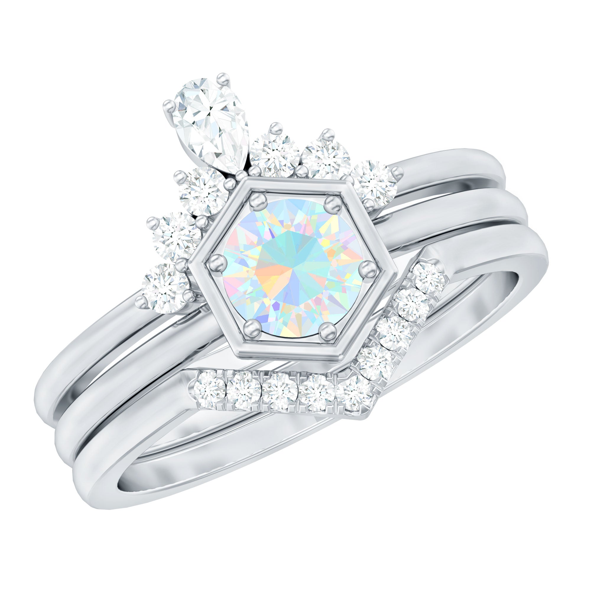 Vintage Inspired Opalescent Diamond Wedding Engagement Ring Set of 3 AAA - Rosec Jewels