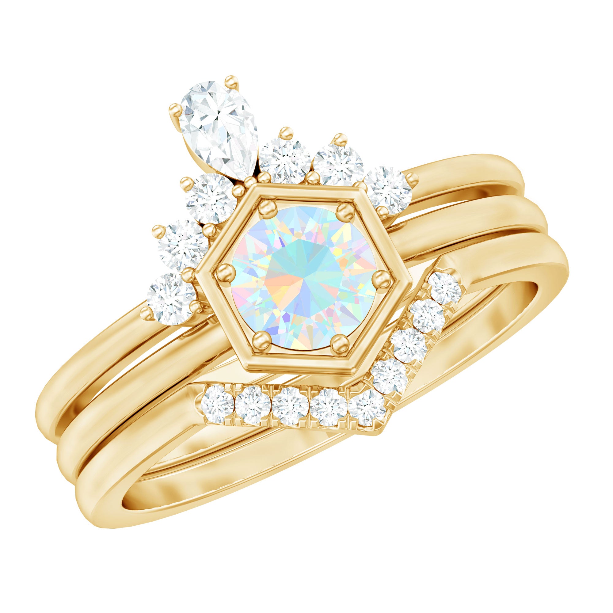 Vintage Inspired Opalescent Diamond Wedding Engagement Ring Set of 3 AAA - Rosec Jewels