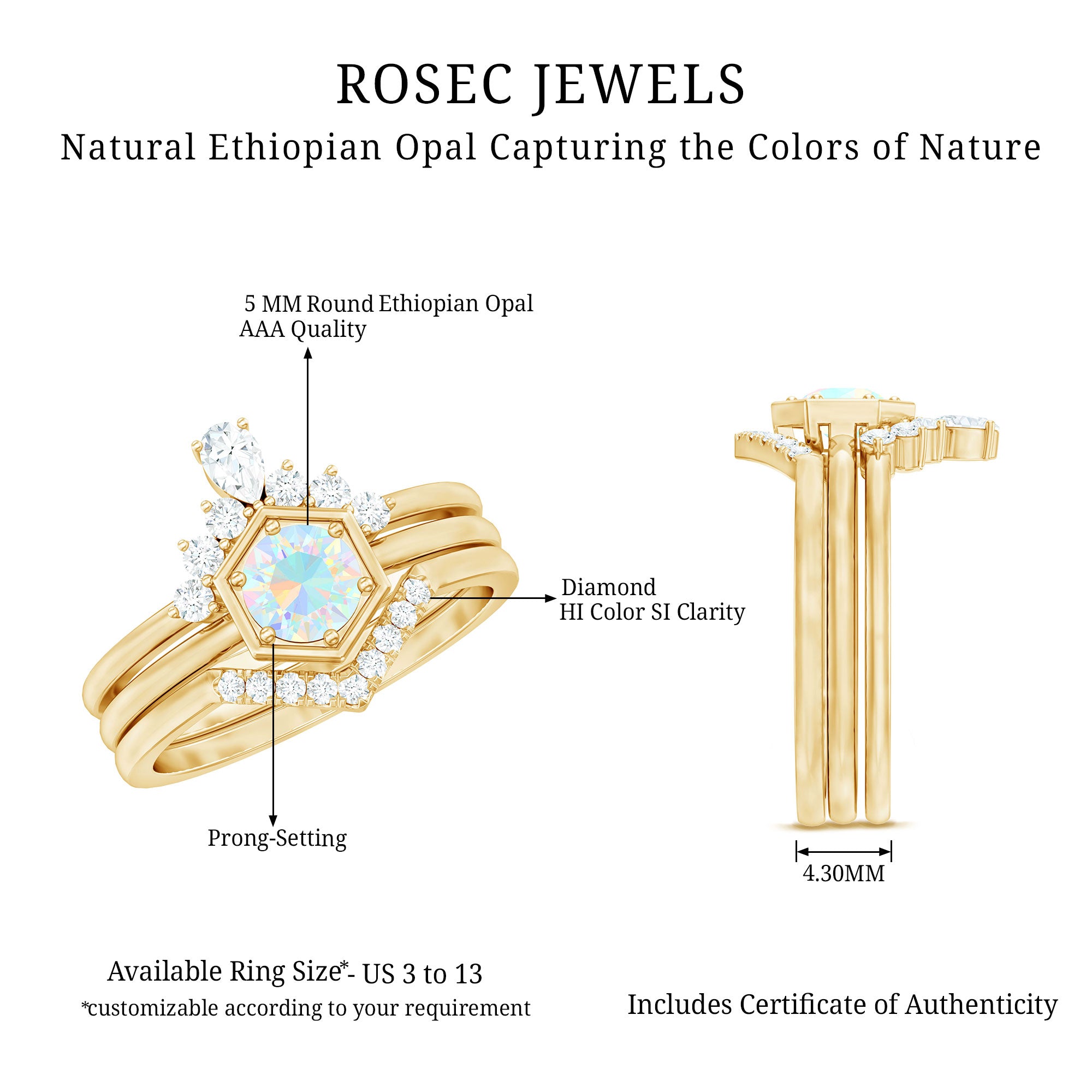 Vintage Inspired Opalescent Diamond Wedding Engagement Ring Set of 3 AAA - Rosec Jewels