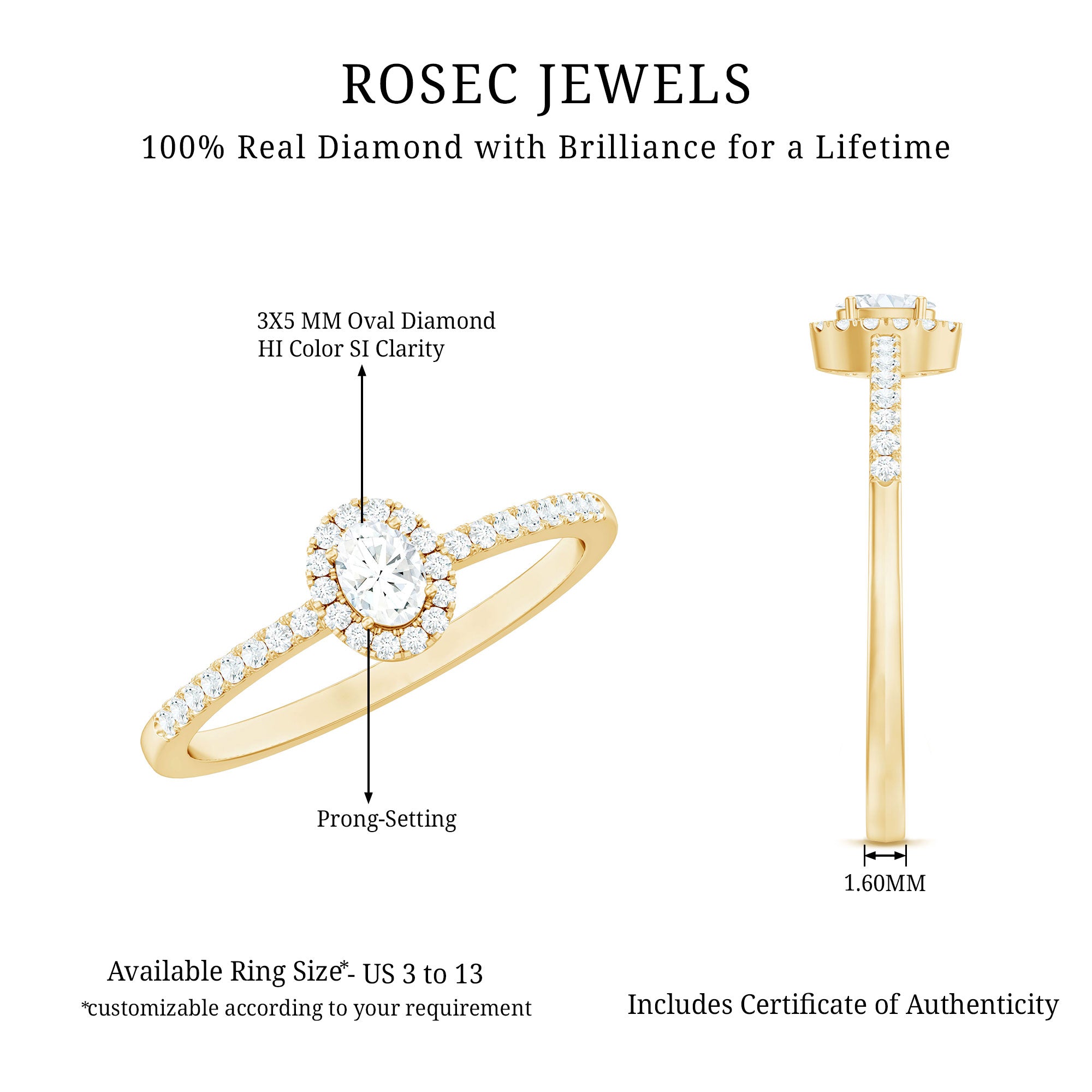Certified Natural Diamond Oval Engagement Ring with Halo Natural - ( HI-SI ) - Rosec Jewels