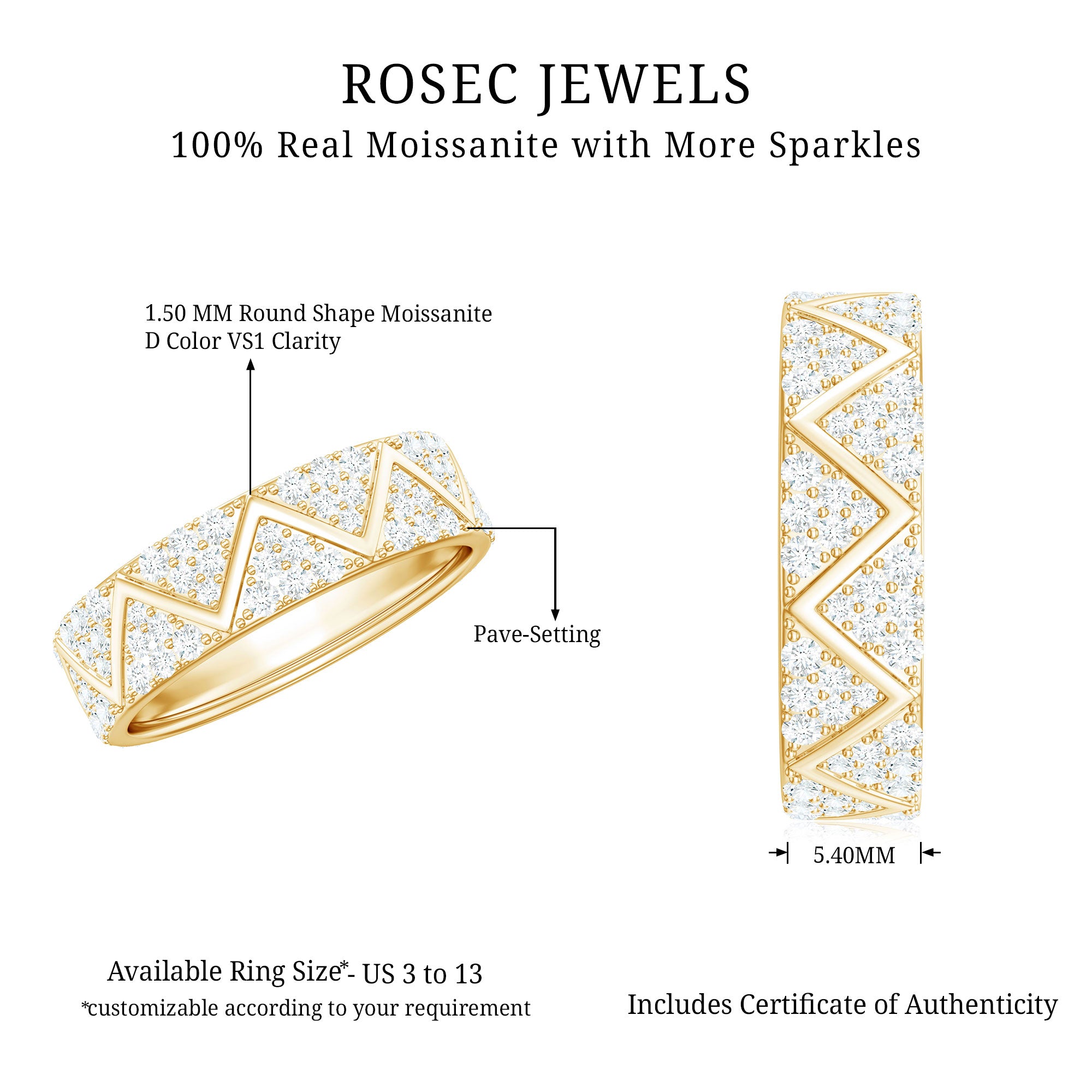 Certified Moissanite Wide Eternity Band Ring D-VS1 - Rosec Jewels