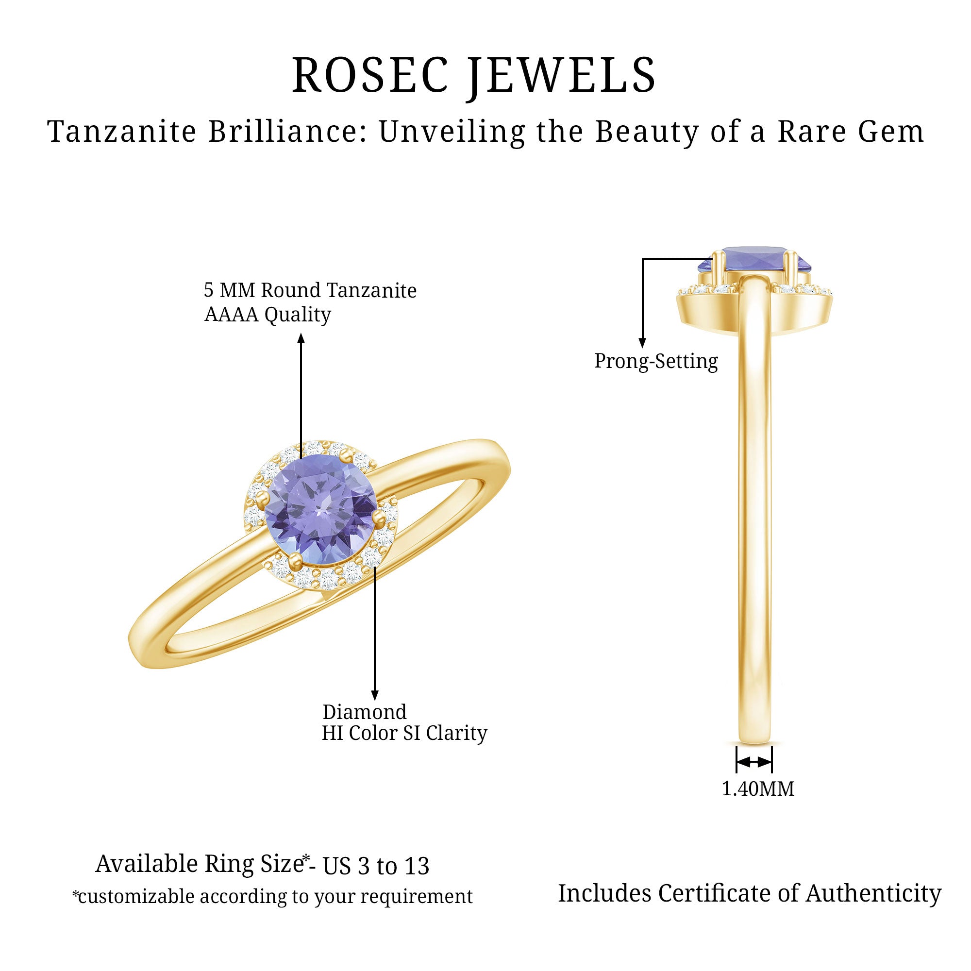 Rosec Jewels-Natural Tanzanite Engagement Ring with Diamond Halo