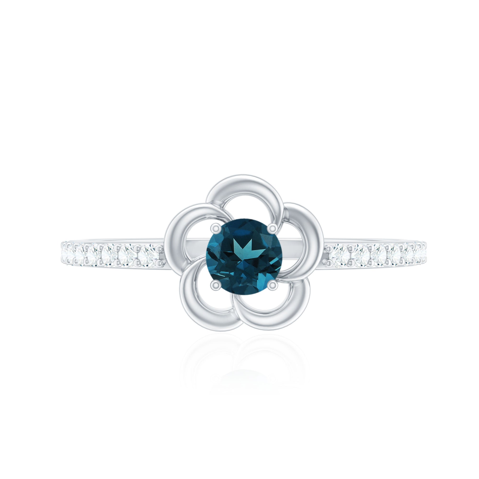 5mm Round London Blue Topaz Flower Promise Ring with Diamond AAA - Rosec Jewels