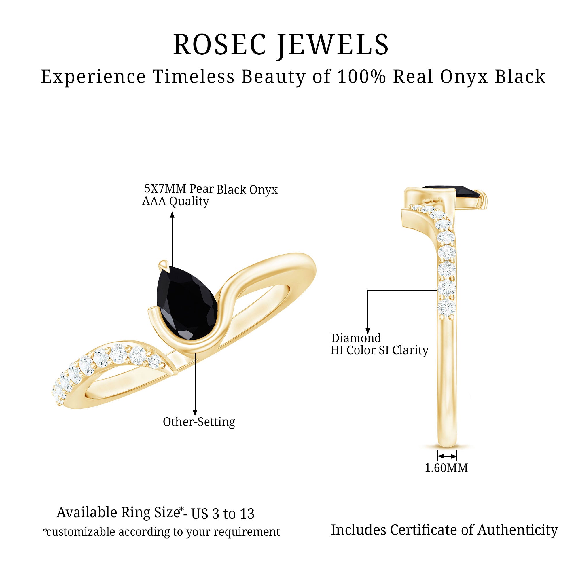 Rosec Jewels-Pear Shaped Black Onyx Promise Ring with Diamonds