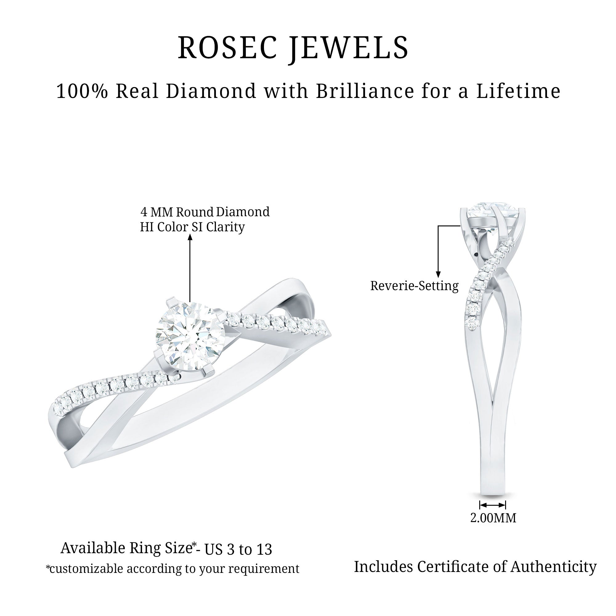 Minimal Diamond Engagement Ring with Crossover Shank Natural - ( HI-SI ) - Rosec Jewels