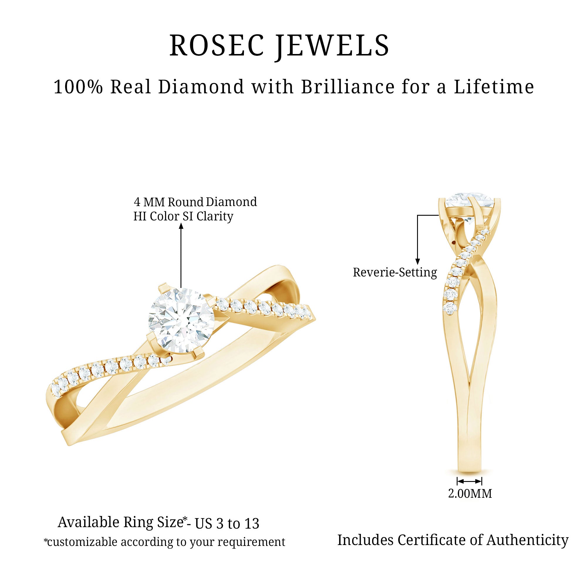 Minimal Diamond Engagement Ring with Crossover Shank Natural - ( HI-SI ) - Rosec Jewels