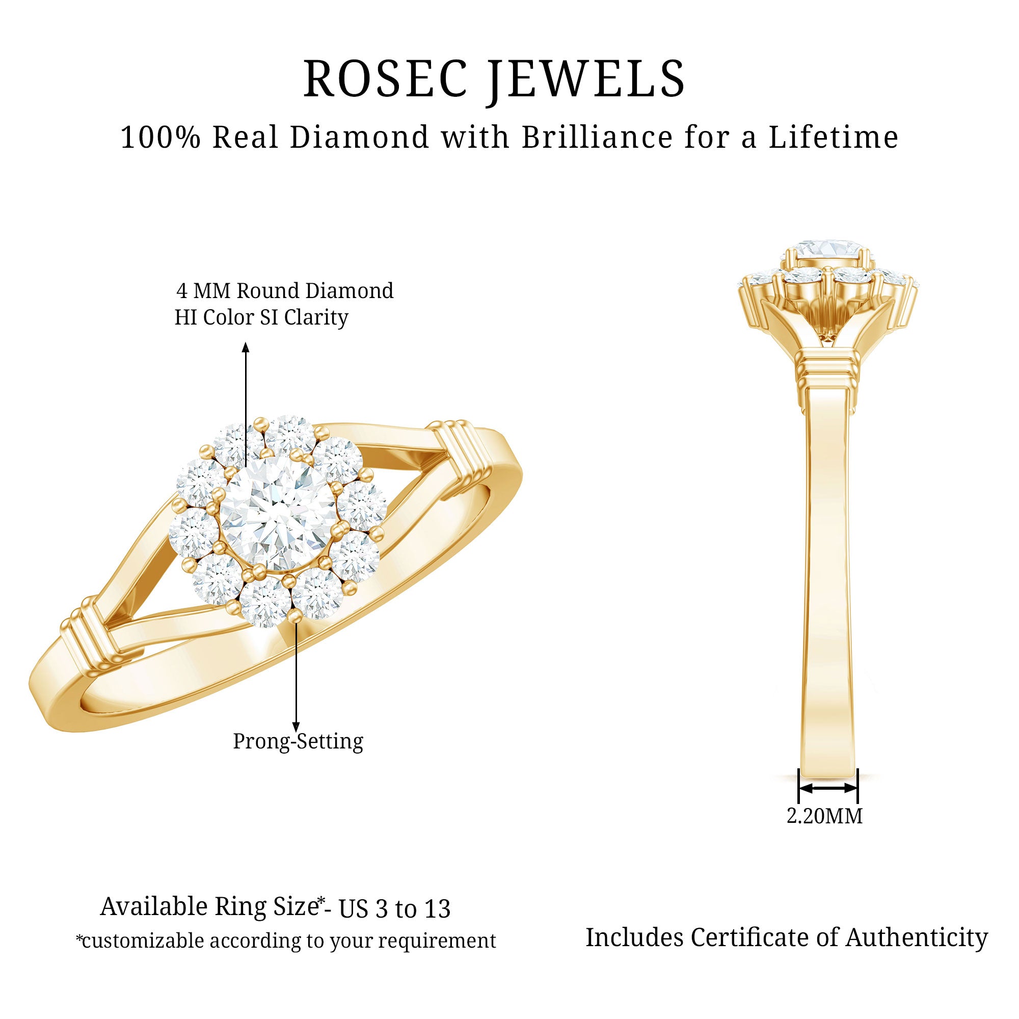 Natural Diamond Halo Engagement Ring with Split Shank Natural - ( HI-SI ) - Rosec Jewels