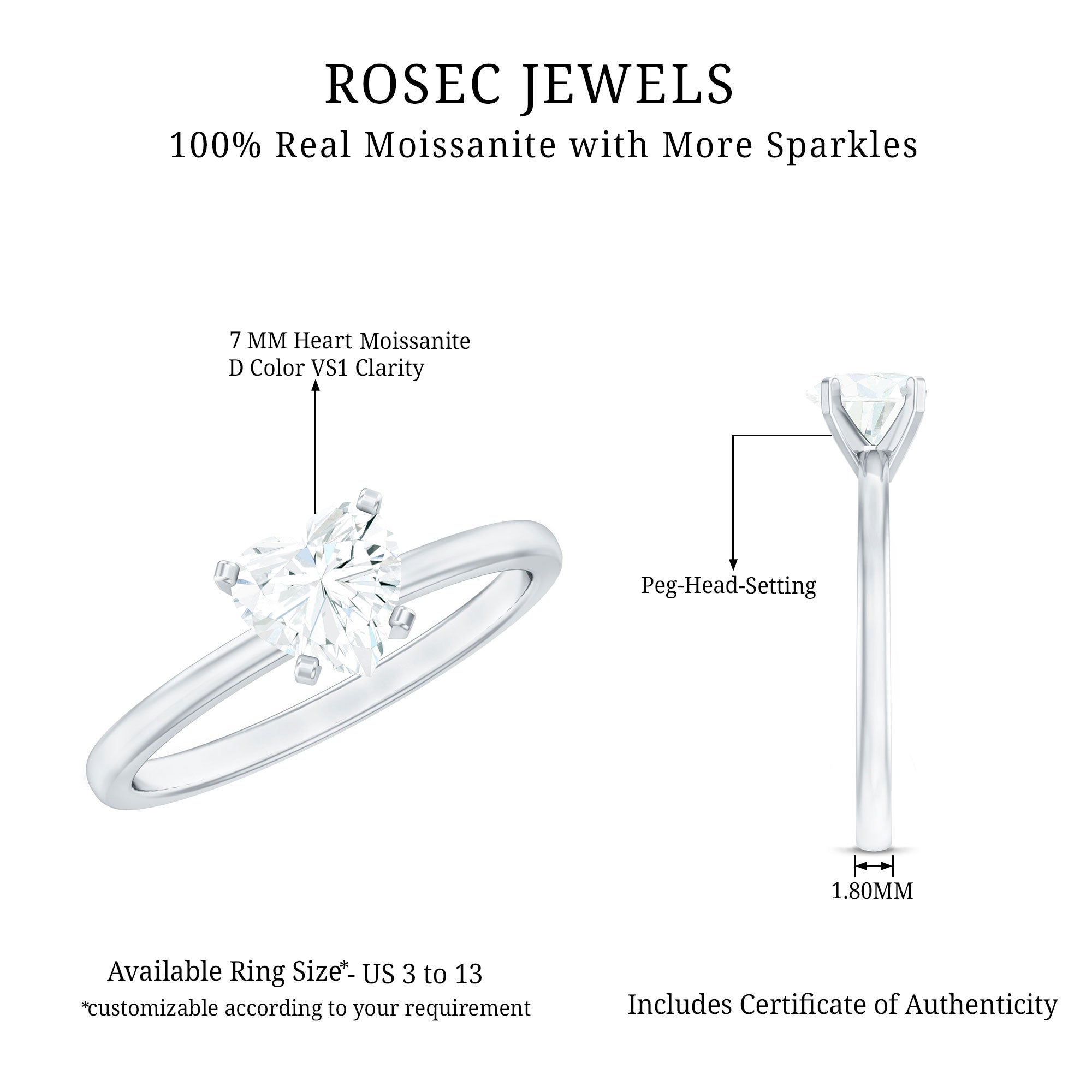 1 CT Heart Shape Certified Moissanite Engagement Ring D-VS1 - Rosec Jewels