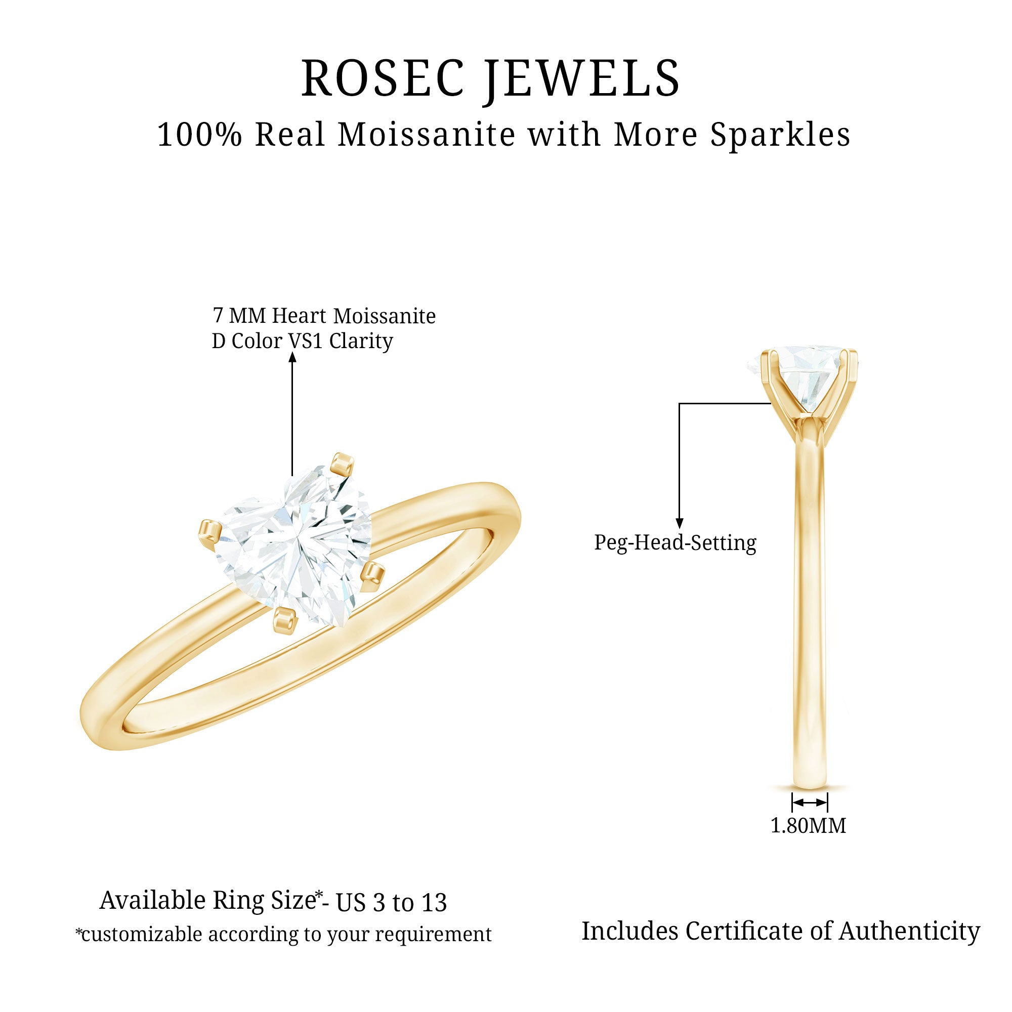 1 CT Heart Shape Certified Moissanite Engagement Ring D-VS1 - Rosec Jewels