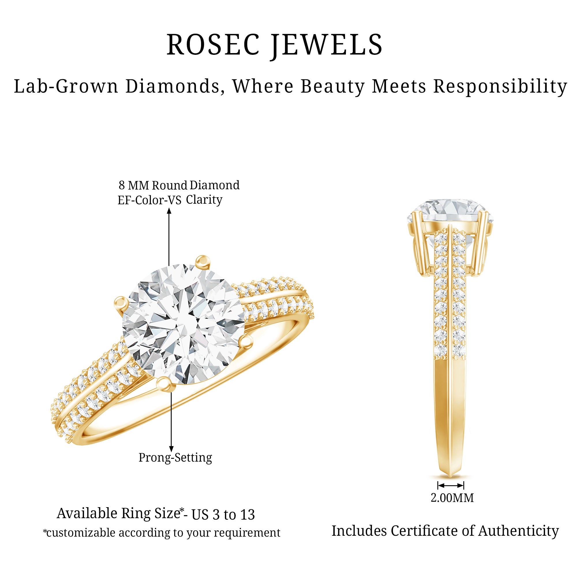 Certified Lab Grown Diamond 8 MM Simple Engagement Ring With Side Stones Lab - ( EF-VS ) - Rosec Jewels