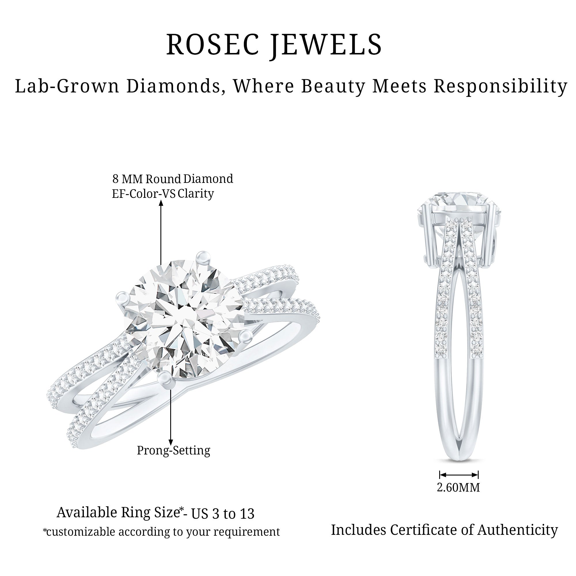 IGI Certified 2 Carat Lab Grown Diamond Split Shank Engagement Ring Lab - ( E-VS1 ) - Rosec Jewels