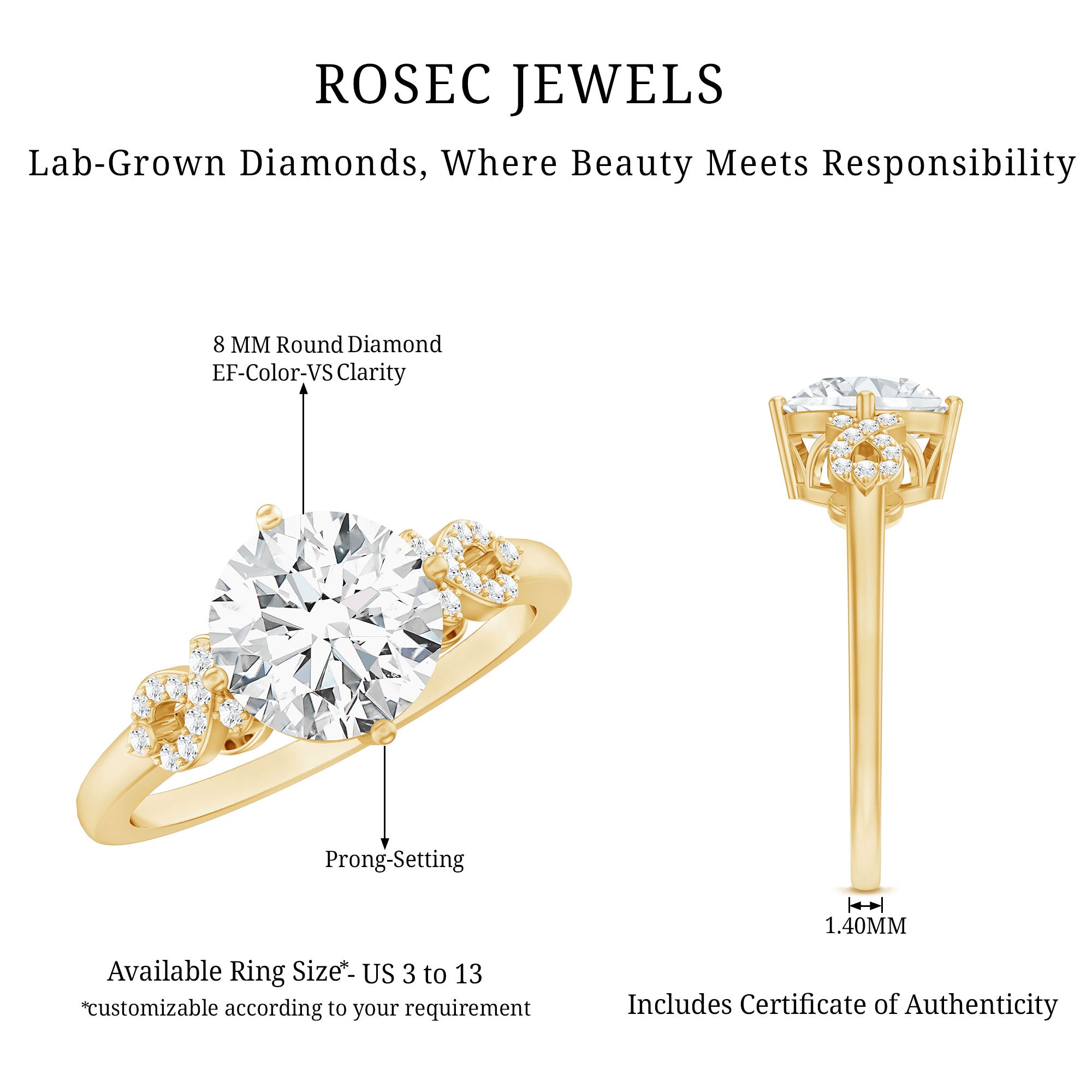 Rosec Jewels-Certified 2 Carat Lab Grown Diamond Solitaire Engagement Ring