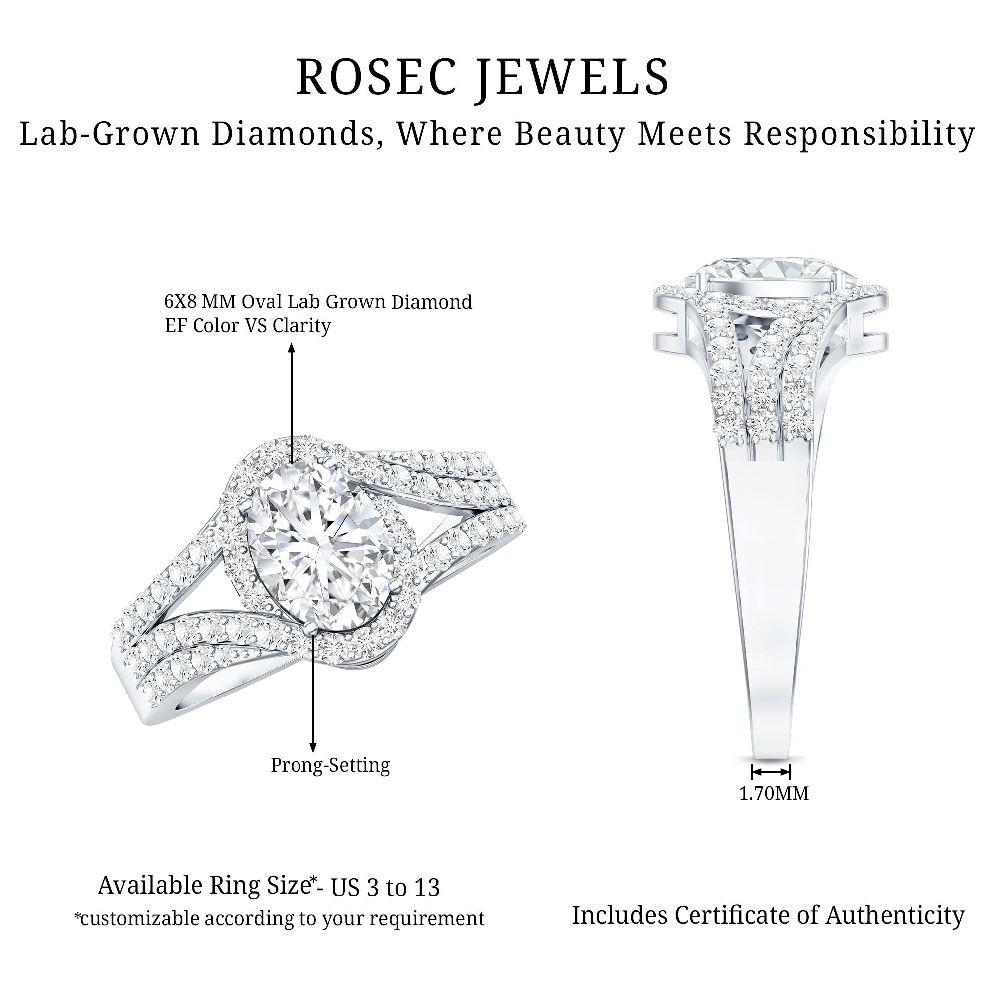 Certified 6X8 MM Oval Lab Grown Diamond Split Shank Engagement Ring Lab - ( EF-VS ) - Rosec Jewels