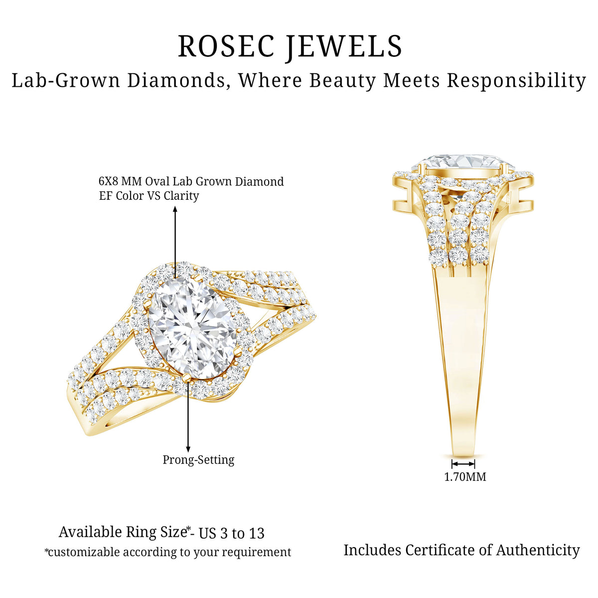 Certified 1.2 Carat Oval Lab Grown Diamond Split Shank Engagement Ring Lab - ( EF-VS ) - Rosec Jewels