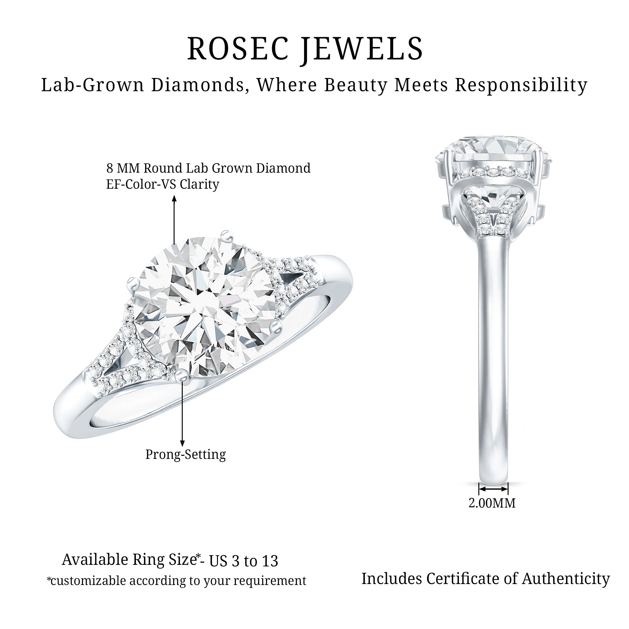 Certified 8 MM Lab Grown Diamond Solitaire Engagement Ring Lab - ( EF-VS ) - Rosec Jewels