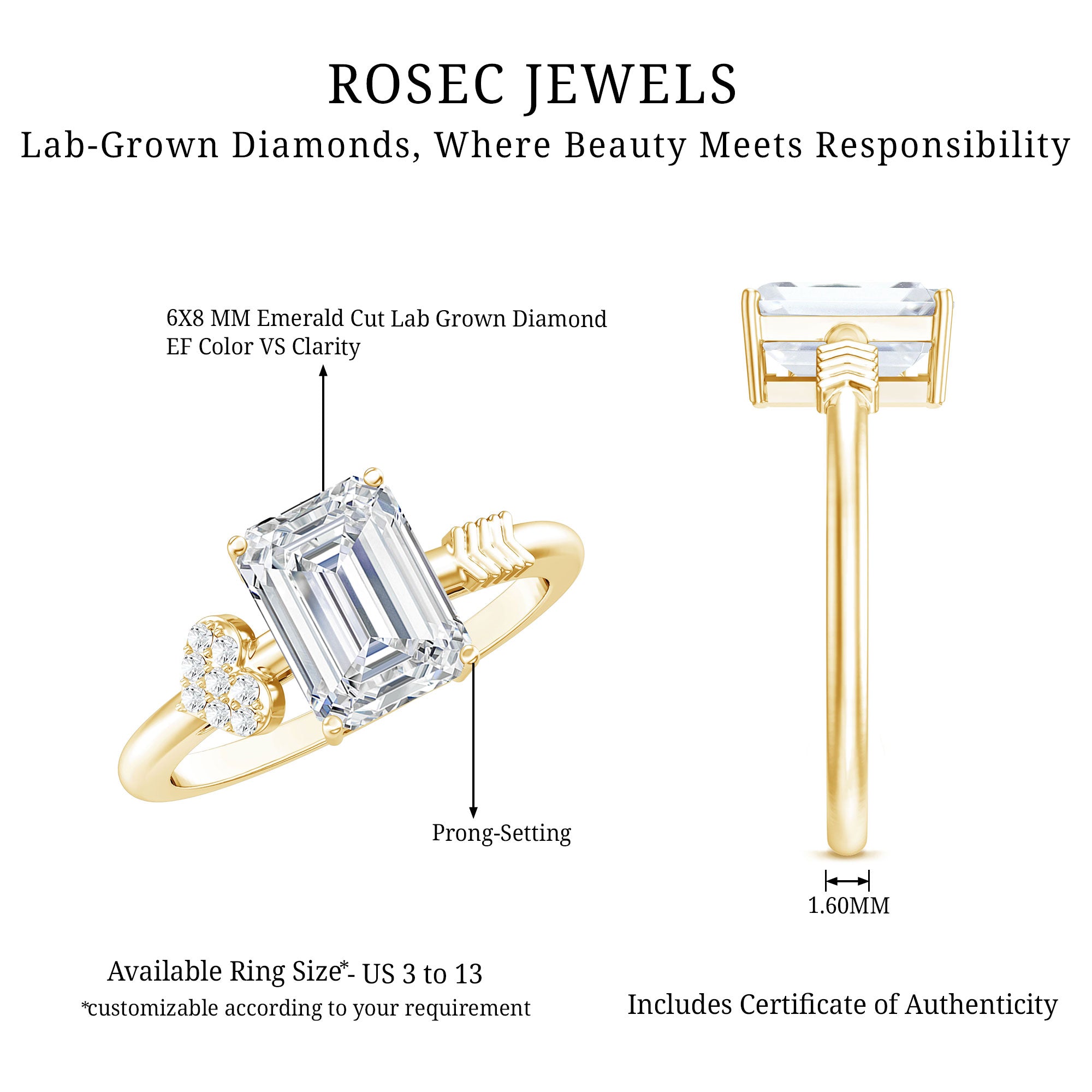 Lab Grown Diamond Emerald Cut Designer Engagement Ring Lab - ( EF-VS ) - Rosec Jewels
